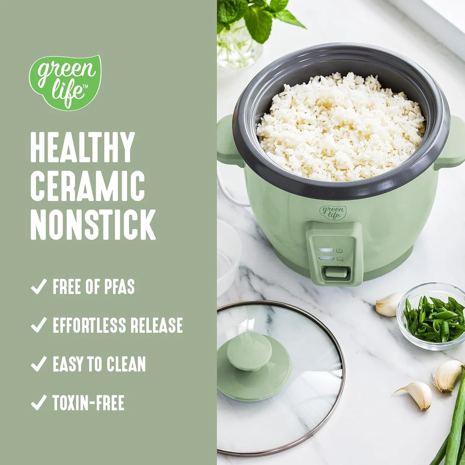 GreenLife 1.5 QT Electric Rice Cooker, Compact Small Size, 3-Cups Uncooked/6-Cups Cooked, PFAS-Free Removable Nonstick Pot Steamer, One-Touch Control, Auto Keep Warm, Measuring Cup, 300W, Green