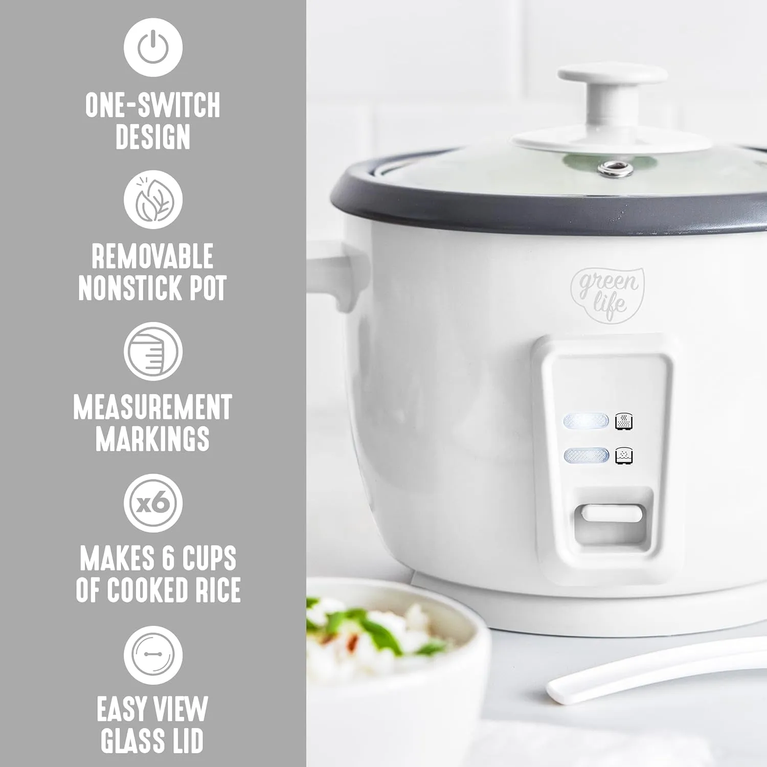 GreenLife 1.5 QT Electric Rice Cooker, Compact Small Size, 3-Cups Uncooked/6-Cups Cooked, PFAS-Free Removable Nonstick Pot Steamer, One-Touch Control, Auto Keep Warm, Measuring Cup, 300W, White