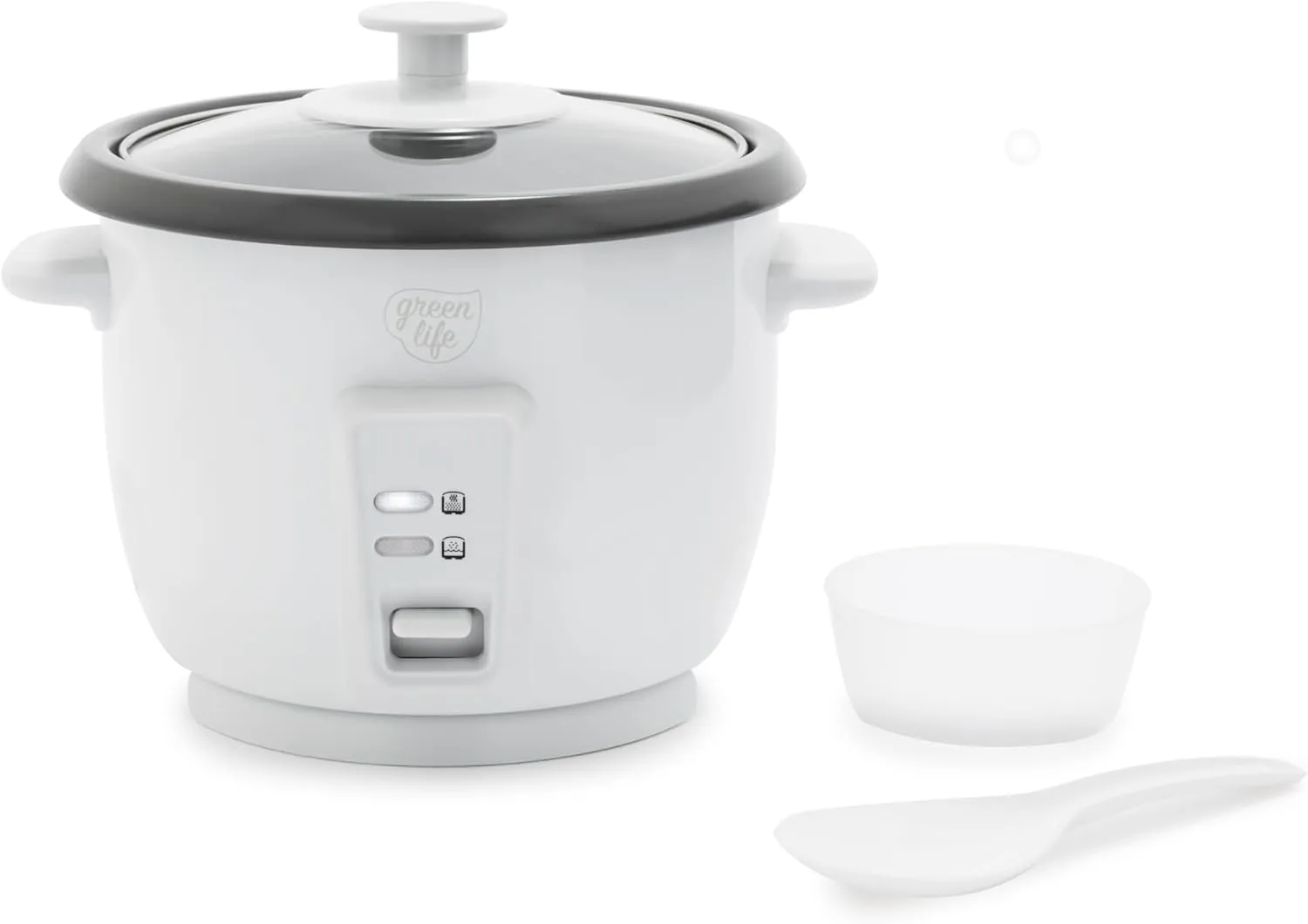 GreenLife 1.5 QT Electric Rice Cooker, Compact Small Size, 3-Cups Uncooked/6-Cups Cooked, PFAS-Free Removable Nonstick Pot Steamer, One-Touch Control, Auto Keep Warm, Measuring Cup, 300W, White