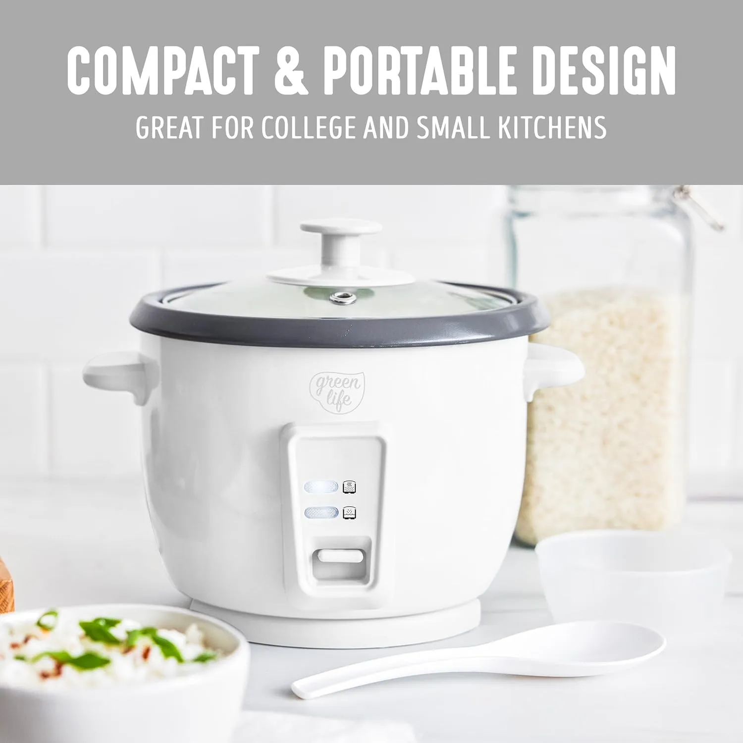 GreenLife 1.5 QT Electric Rice Cooker, Compact Small Size, 3-Cups Uncooked/6-Cups Cooked, PFAS-Free Removable Nonstick Pot Steamer, One-Touch Control, Auto Keep Warm, Measuring Cup, 300W, White