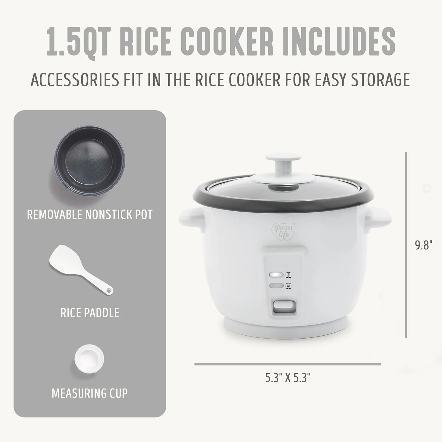 GreenLife 1.5 QT Electric Rice Cooker, Compact Small Size, 3-Cups Uncooked/6-Cups Cooked, PFAS-Free Removable Nonstick Pot Steamer, One-Touch Control, Auto Keep Warm, Measuring Cup, 300W, White