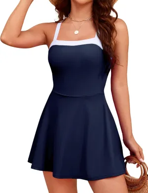 Hanna Nikole Women's One Piece Swimsuits Tummy Control Swimdress Color Block Bathing Suit Skirted Swimwear with Pockets