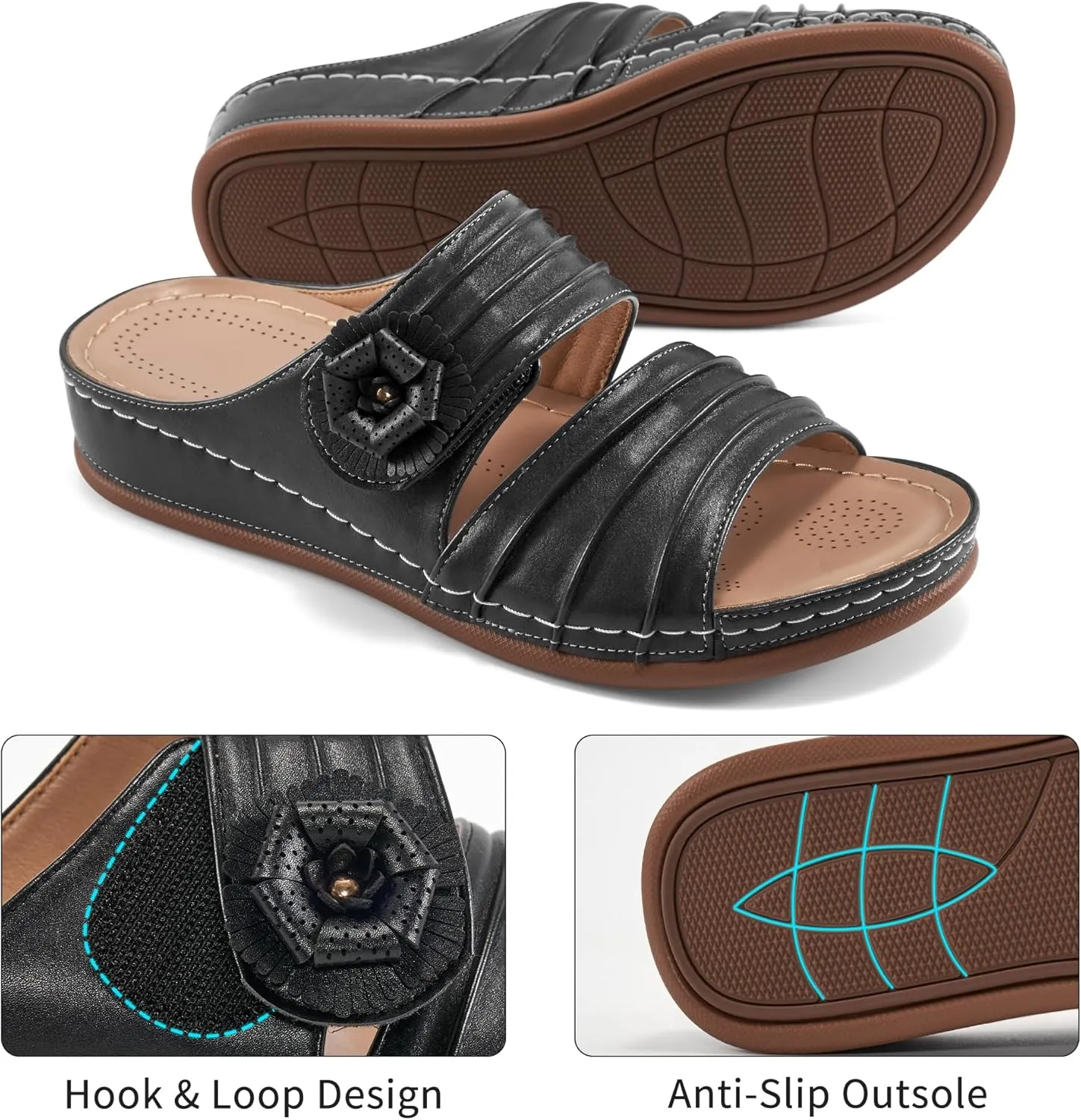 HARENCE Sandals for Women Wedge Slides: Comfortable Summer Beach Platform Shoes with Flowers Dressy Memory Foam Slip On Slide Sandals