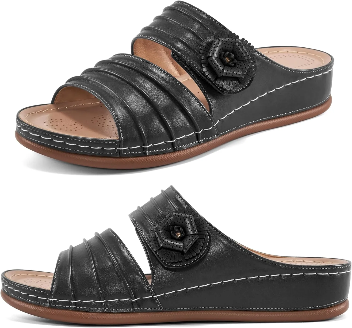 HARENCE Sandals for Women Wedge Slides: Comfortable Summer Beach Platform Shoes with Flowers Dressy Memory Foam Slip On Slide Sandals
