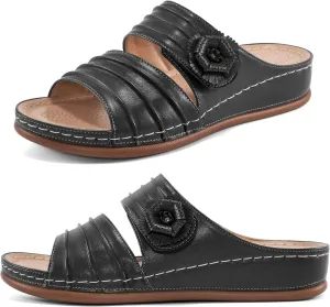 HARENCE Sandals for Women Wedge Slides: Comfortable Summer Beach Platform Shoes with Flowers Dressy Memory Foam Slip On Slide Sandals