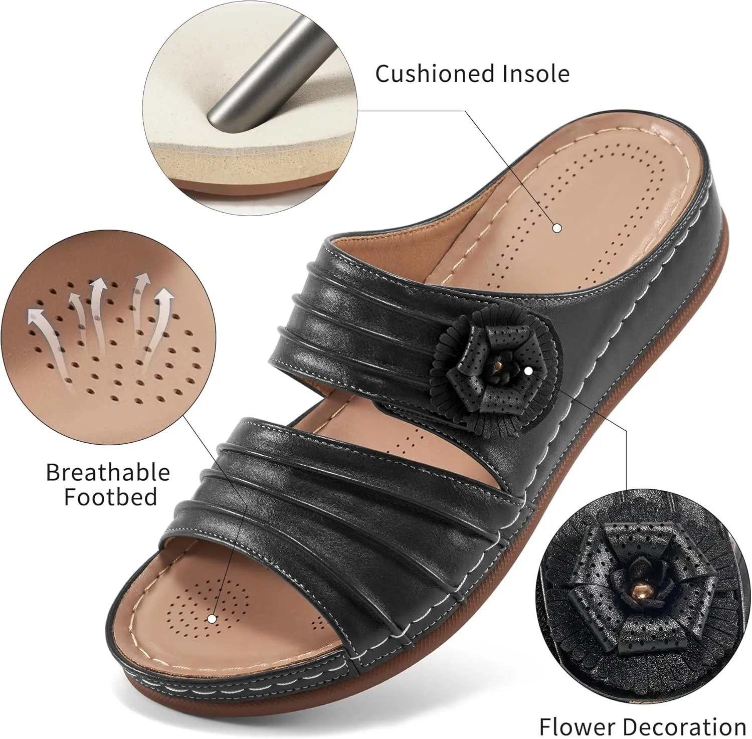 HARENCE Sandals for Women Wedge Slides: Comfortable Summer Beach Platform Shoes with Flowers Dressy Memory Foam Slip On Slide Sandals