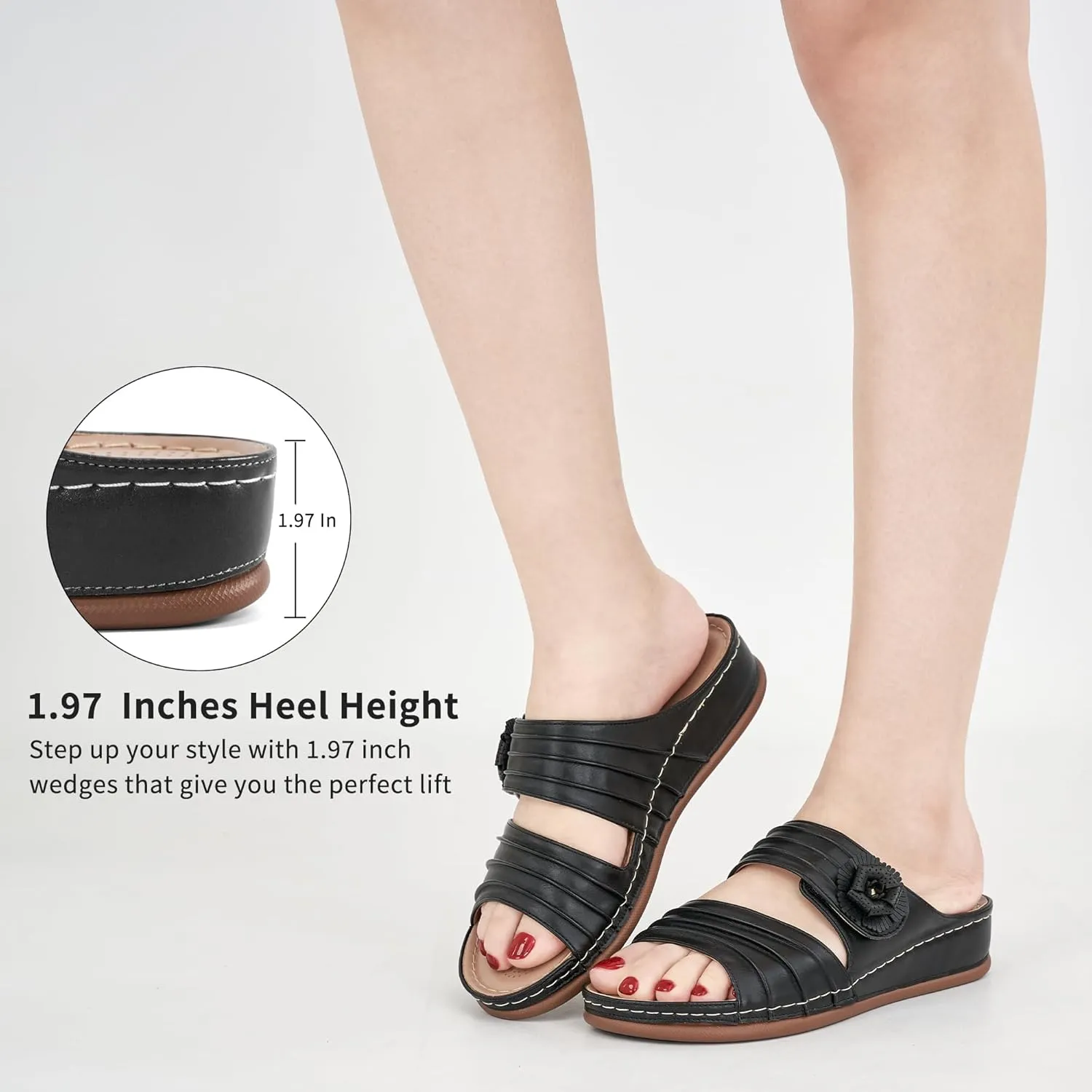 HARENCE Sandals for Women Wedge Slides: Comfortable Summer Beach Platform Shoes with Flowers Dressy Memory Foam Slip On Slide Sandals