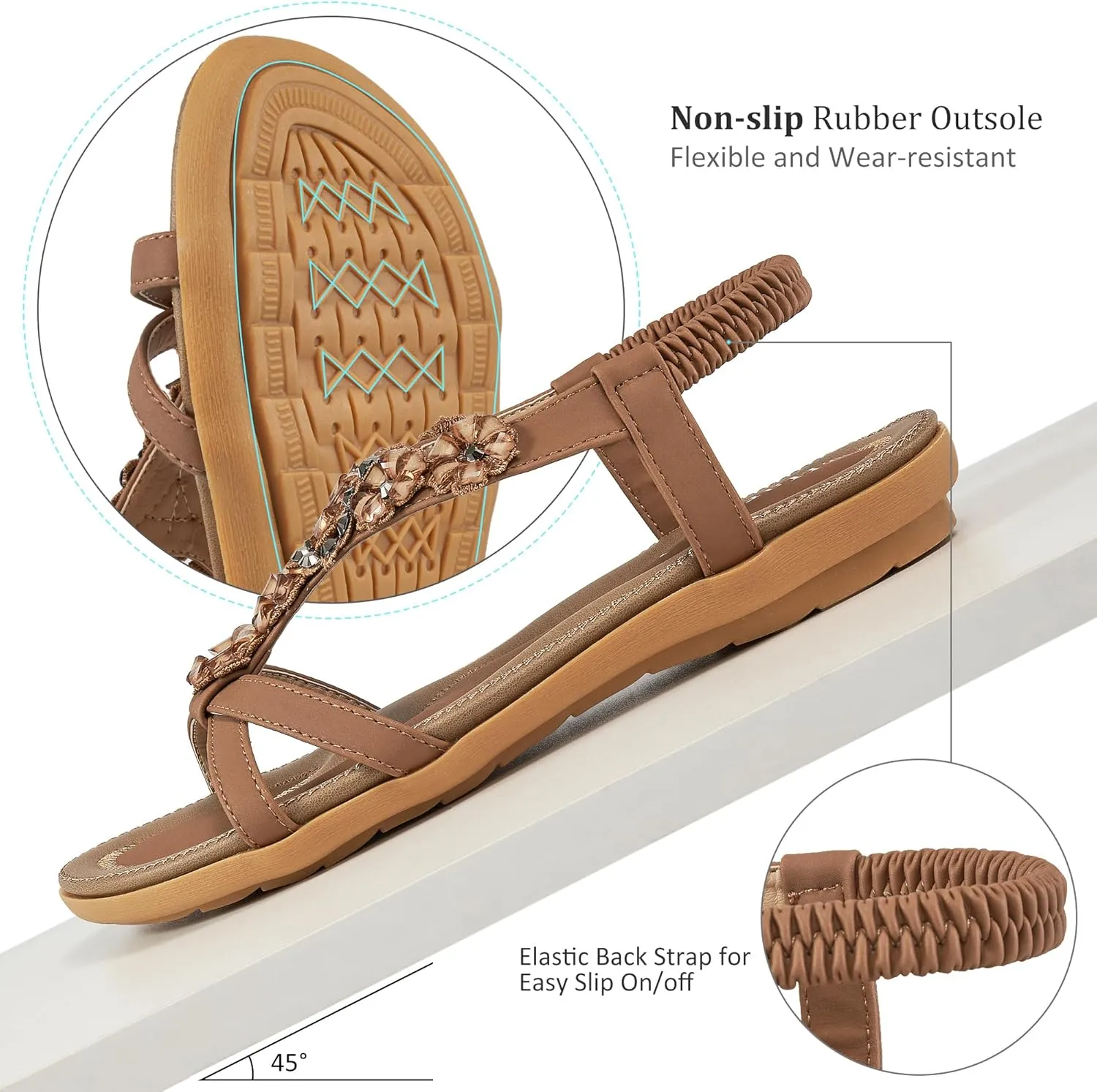 HARENCE Sandals Women Summer Flats: Comfortable Elastic Ankle Strap Dress Flat Shoes Casual Slip on Open Toe Bling Bohemian Beach Sandal