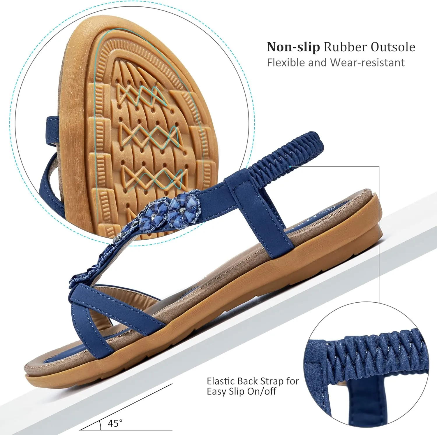 HARENCE Sandals Women Summer Flats: Comfortable Elastic Ankle Strap Dress Flat Shoes Casual Slip on Open Toe Bling Bohemian Beach Sandal
