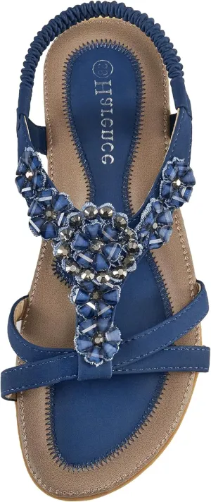 HARENCE Sandals Women Summer Flats: Comfortable Elastic Ankle Strap Dress Flat Shoes Casual Slip on Open Toe Bling Bohemian Beach Sandal