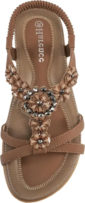 HARENCE Sandals Women Summer Flats: Comfortable Elastic Ankle Strap Dress Flat Shoes Casual Slip on Open Toe Bling Bohemian Beach Sandal