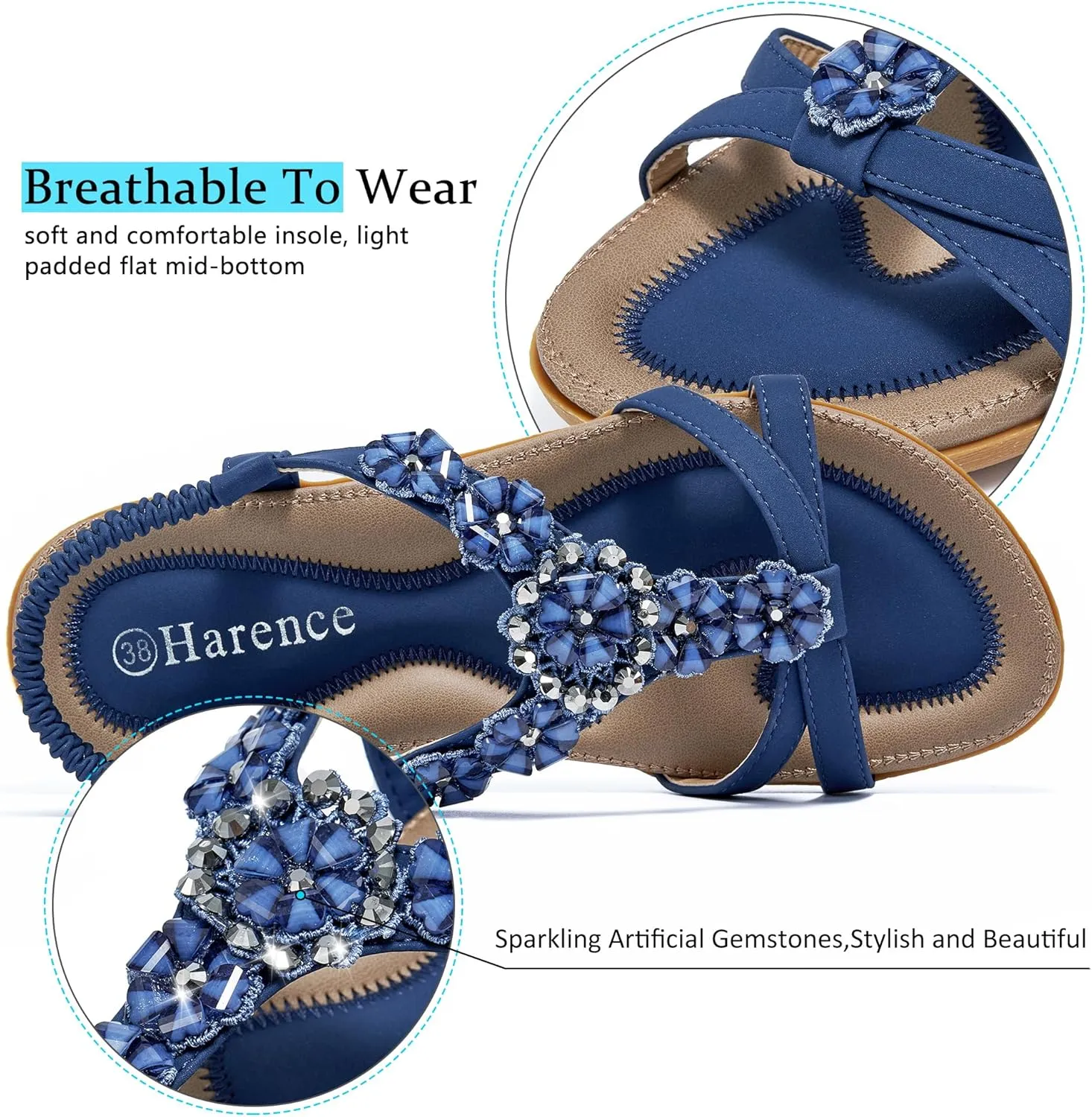 HARENCE Sandals Women Summer Flats: Comfortable Elastic Ankle Strap Dress Flat Shoes Casual Slip on Open Toe Bling Bohemian Beach Sandal
