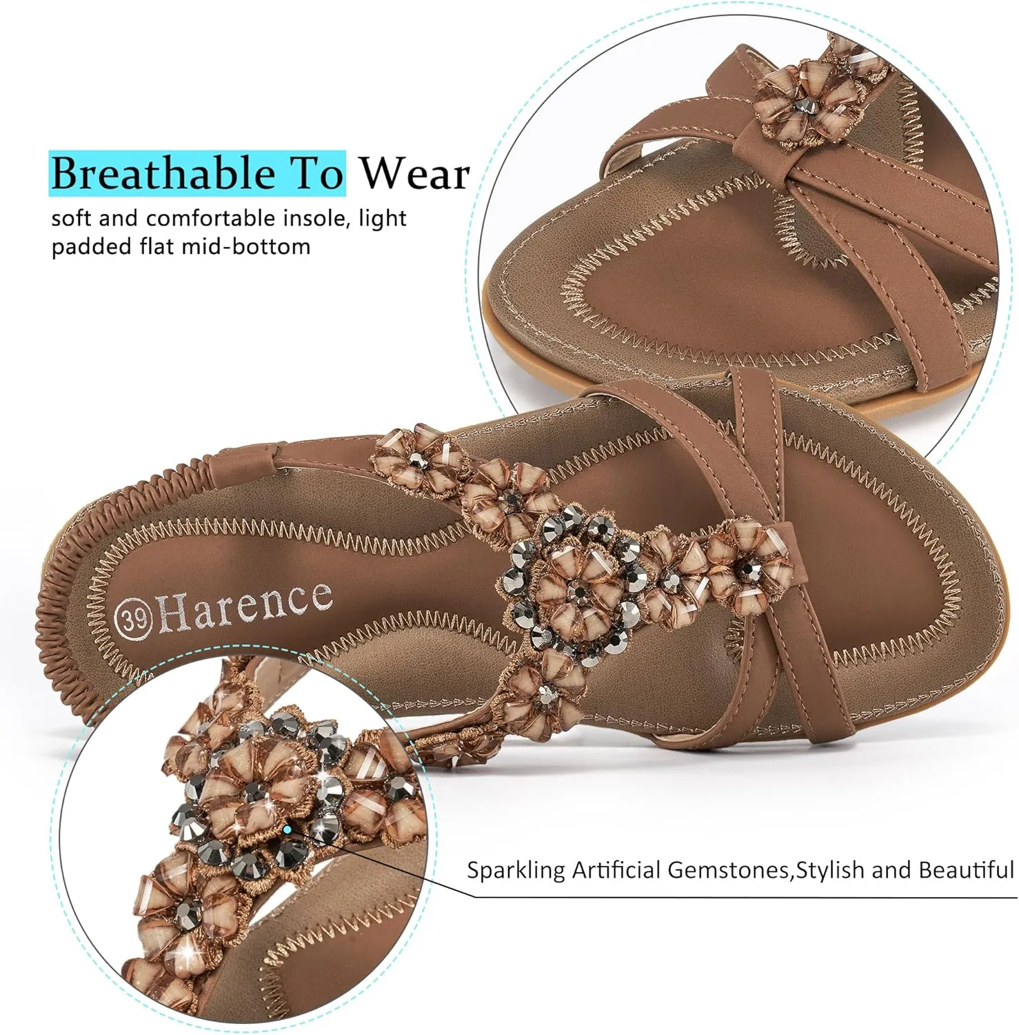 HARENCE Sandals Women Summer Flats: Comfortable Elastic Ankle Strap Dress Flat Shoes Casual Slip on Open Toe Bling Bohemian Beach Sandal