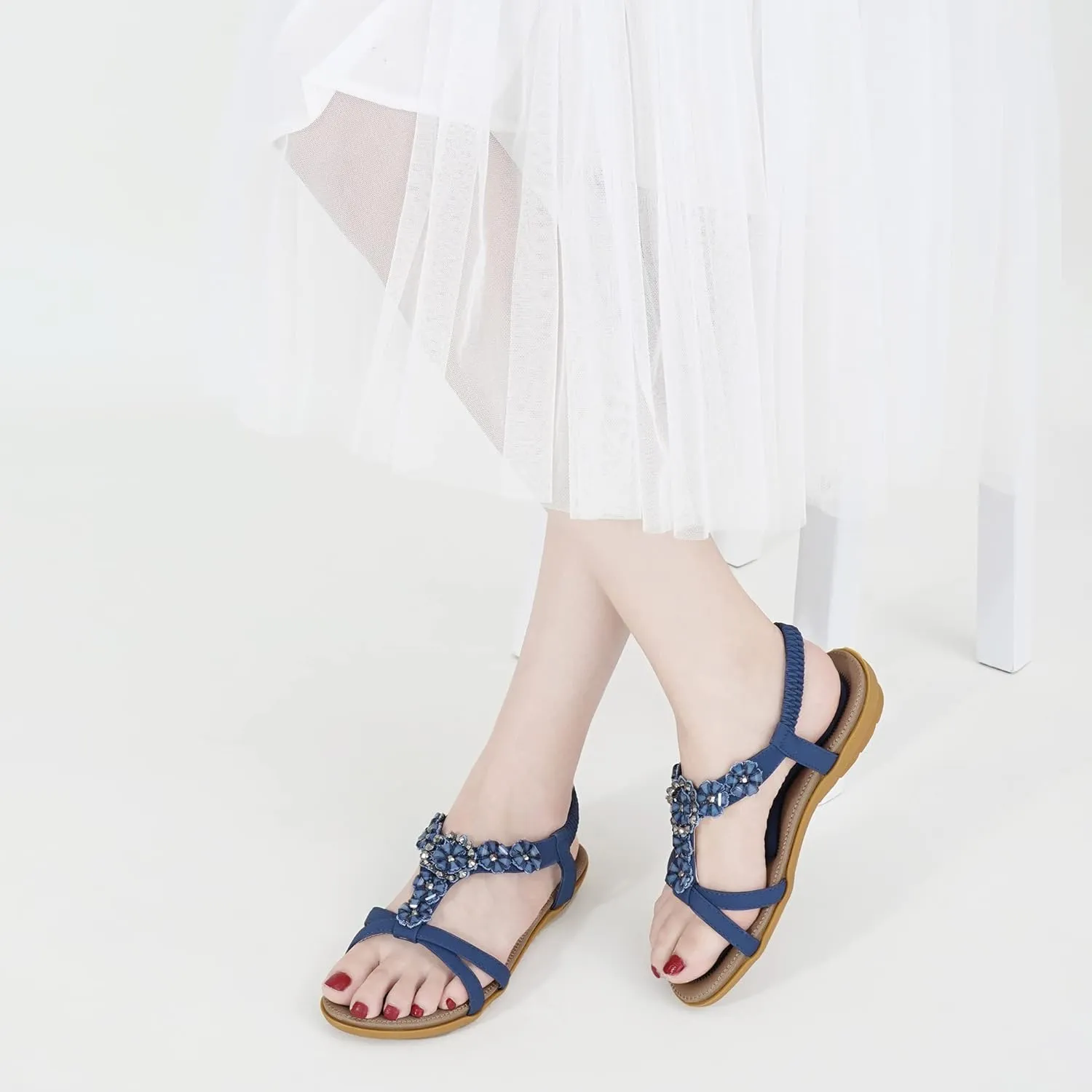 HARENCE Sandals Women Summer Flats: Comfortable Elastic Ankle Strap Dress Flat Shoes Casual Slip on Open Toe Bling Bohemian Beach Sandal