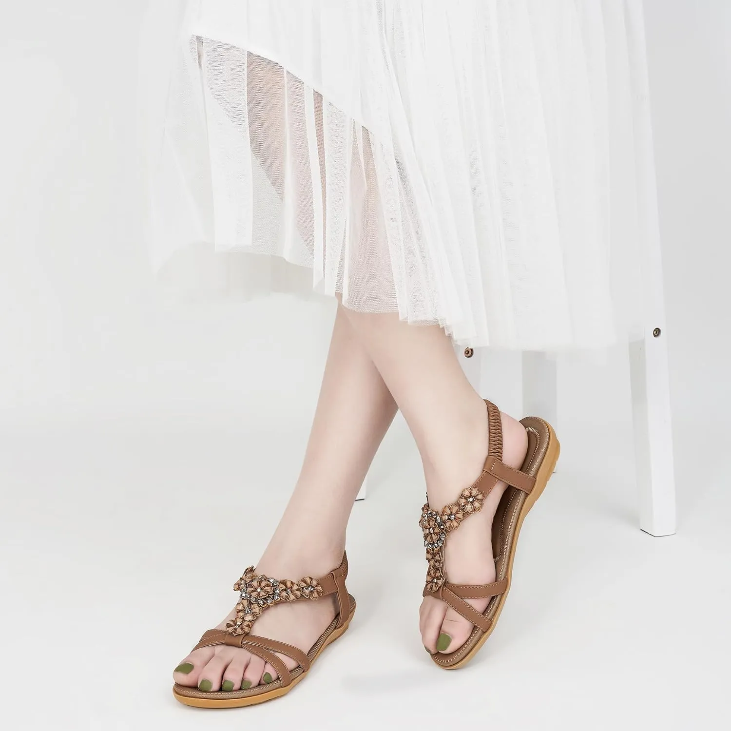 HARENCE Sandals Women Summer Flats: Comfortable Elastic Ankle Strap Dress Flat Shoes Casual Slip on Open Toe Bling Bohemian Beach Sandal