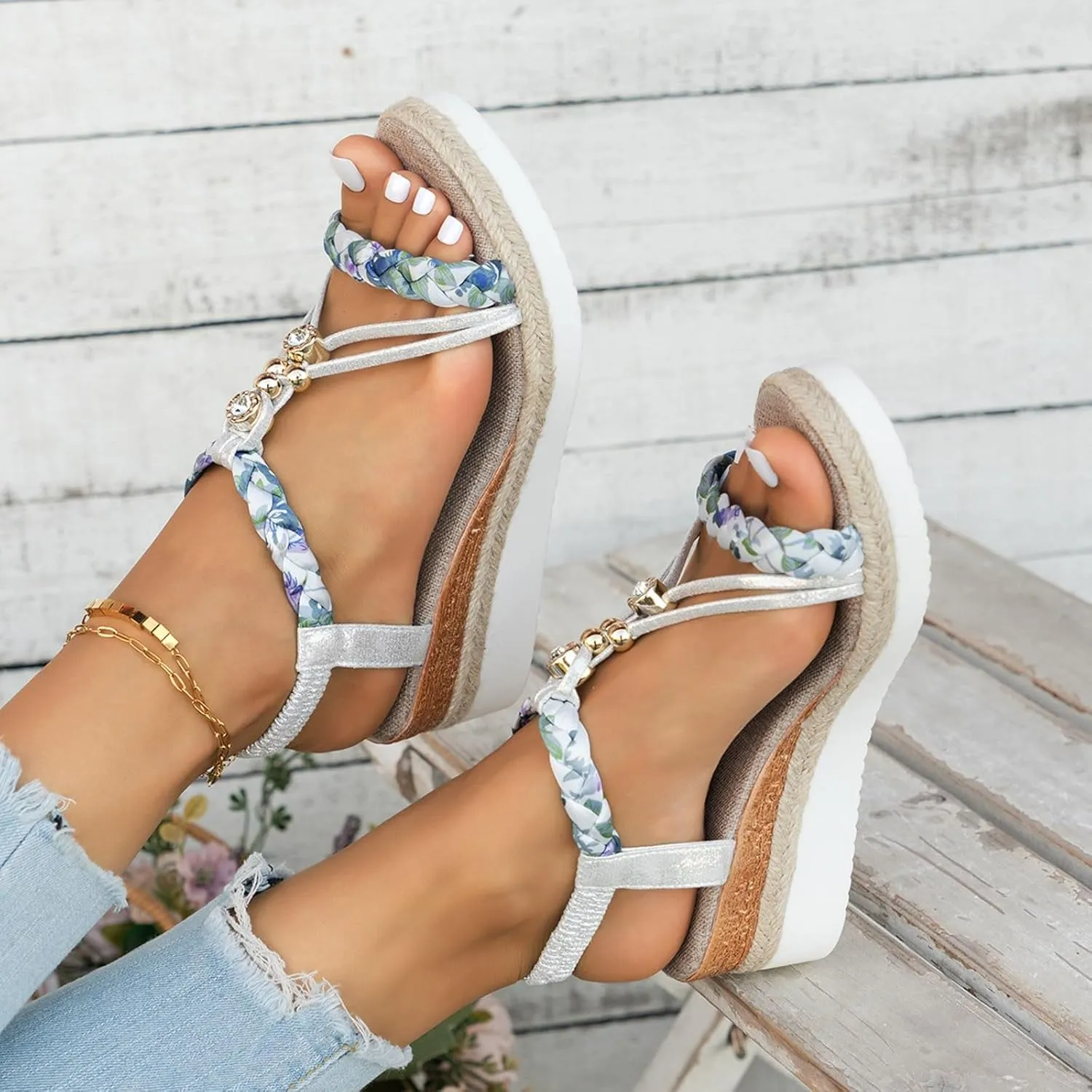 Hbeylia Bohemian Wedge Sandals for Women Wide Width Casual Platform Sandals Orthopedic Comfortable Walking Open Toe Jeweled Beaded Sandals Slip On Ankle Strap Dressy 2025 Summer Beach Shoes