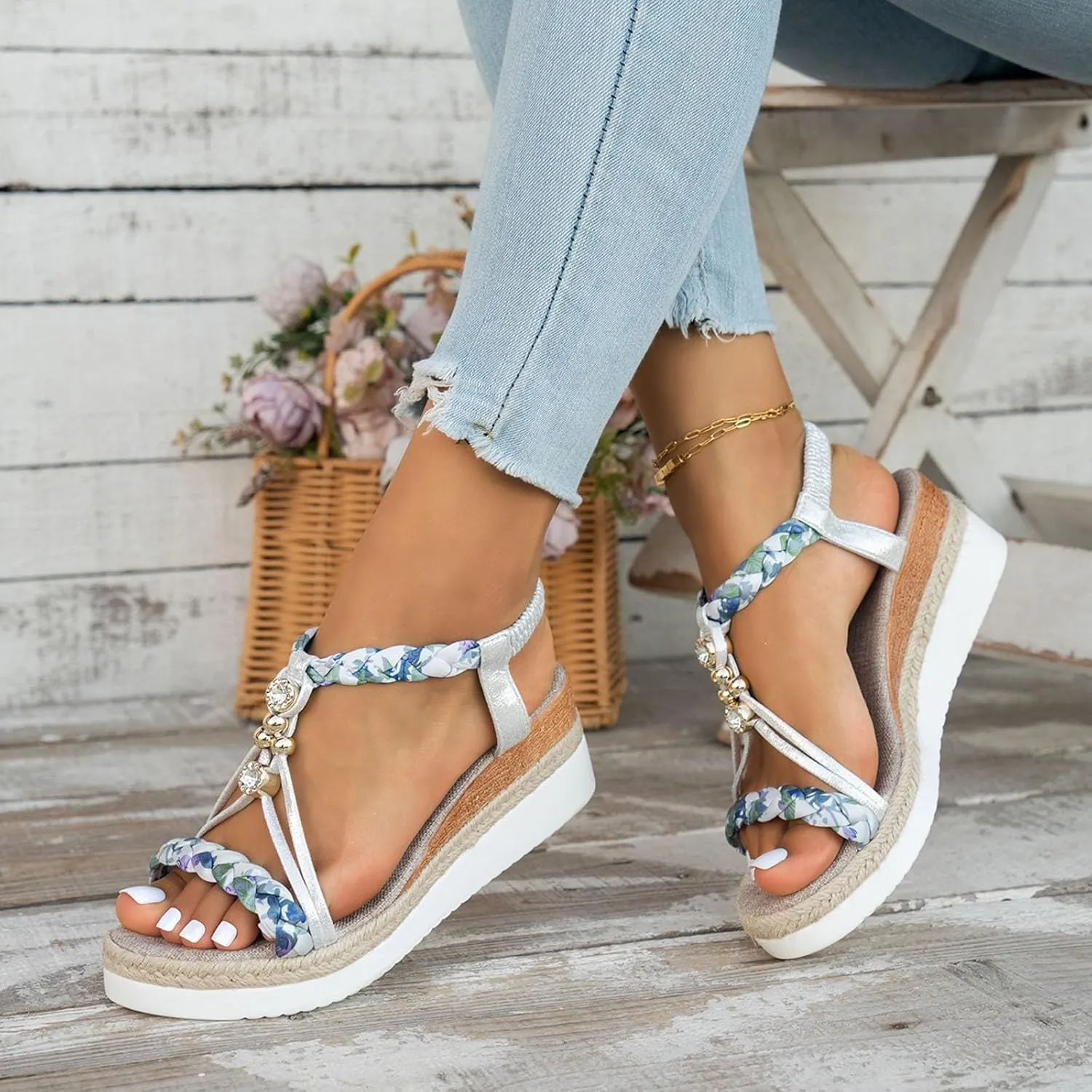Hbeylia Bohemian Wedge Sandals for Women Wide Width Casual Platform Sandals Orthopedic Comfortable Walking Open Toe Jeweled Beaded Sandals Slip On Ankle Strap Dressy 2025 Summer Beach Shoes