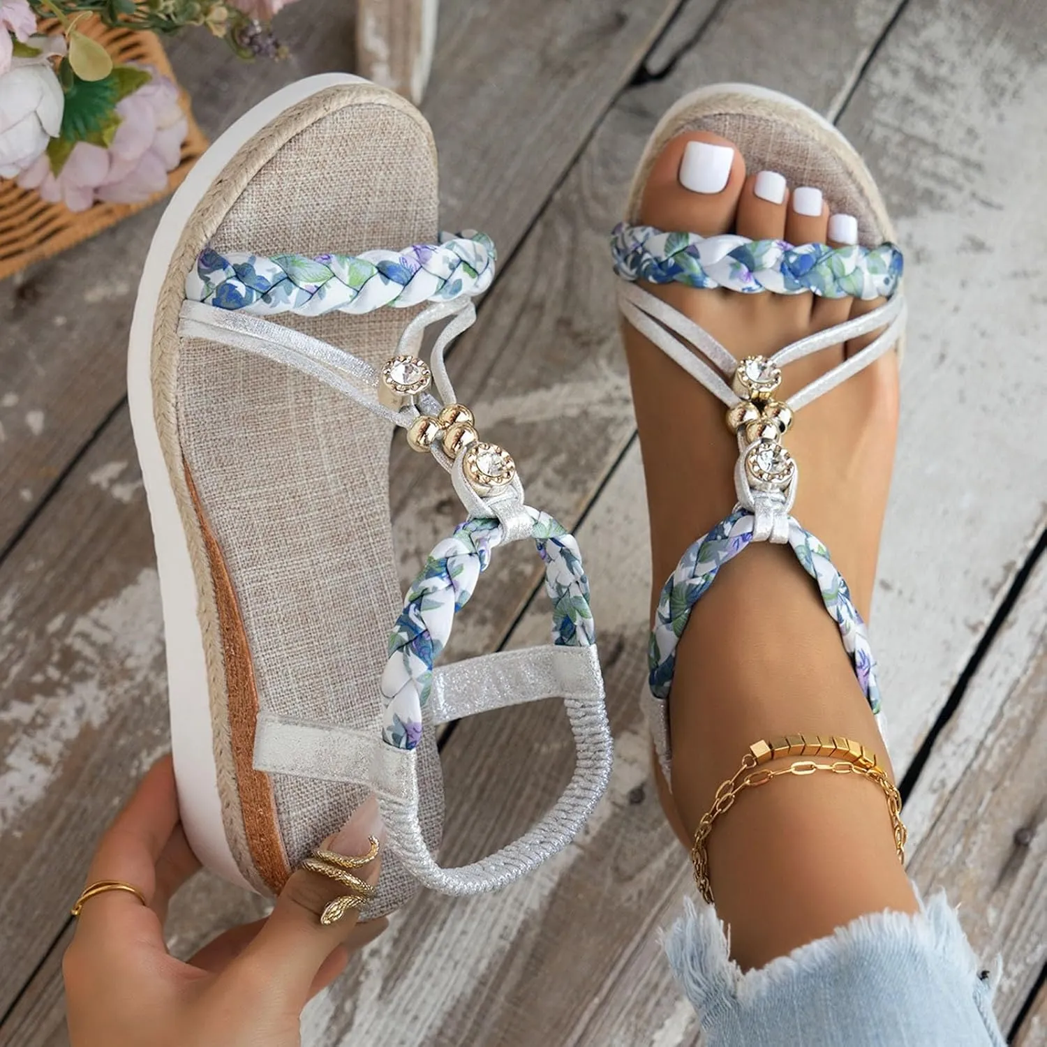 Hbeylia Bohemian Wedge Sandals for Women Wide Width Casual Platform Sandals Orthopedic Comfortable Walking Open Toe Jeweled Beaded Sandals Slip On Ankle Strap Dressy 2025 Summer Beach Shoes