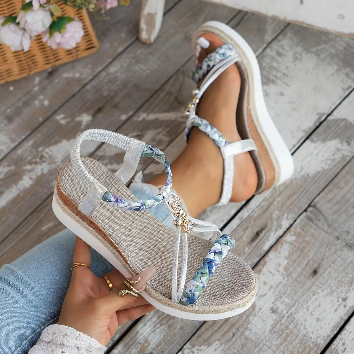 Hbeylia Bohemian Wedge Sandals for Women Wide Width Casual Platform Sandals Orthopedic Comfortable Walking Open Toe Jeweled Beaded Sandals Slip On Ankle Strap Dressy 2025 Summer Beach Shoes