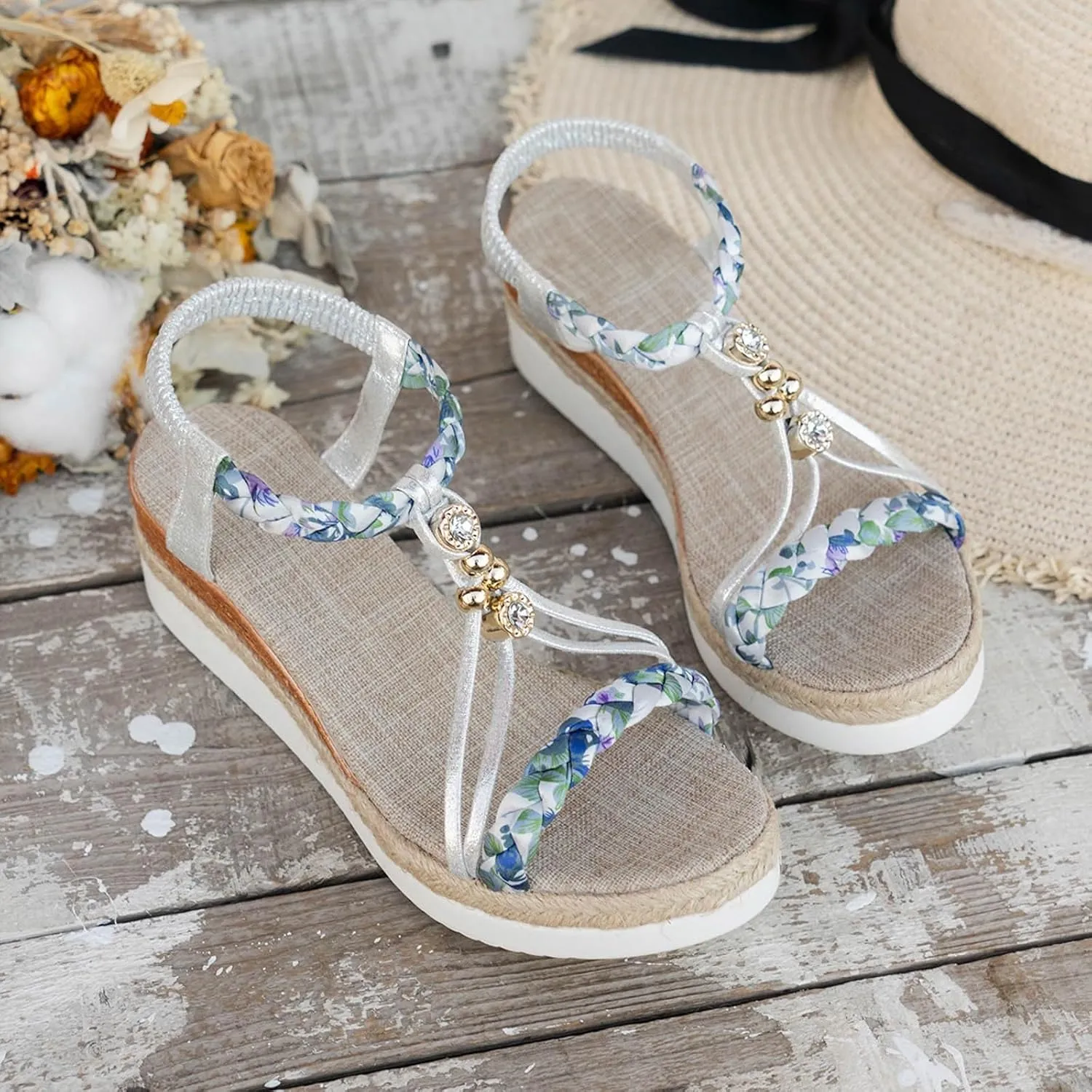Hbeylia Bohemian Wedge Sandals for Women Wide Width Casual Platform Sandals Orthopedic Comfortable Walking Open Toe Jeweled Beaded Sandals Slip On Ankle Strap Dressy 2025 Summer Beach Shoes
