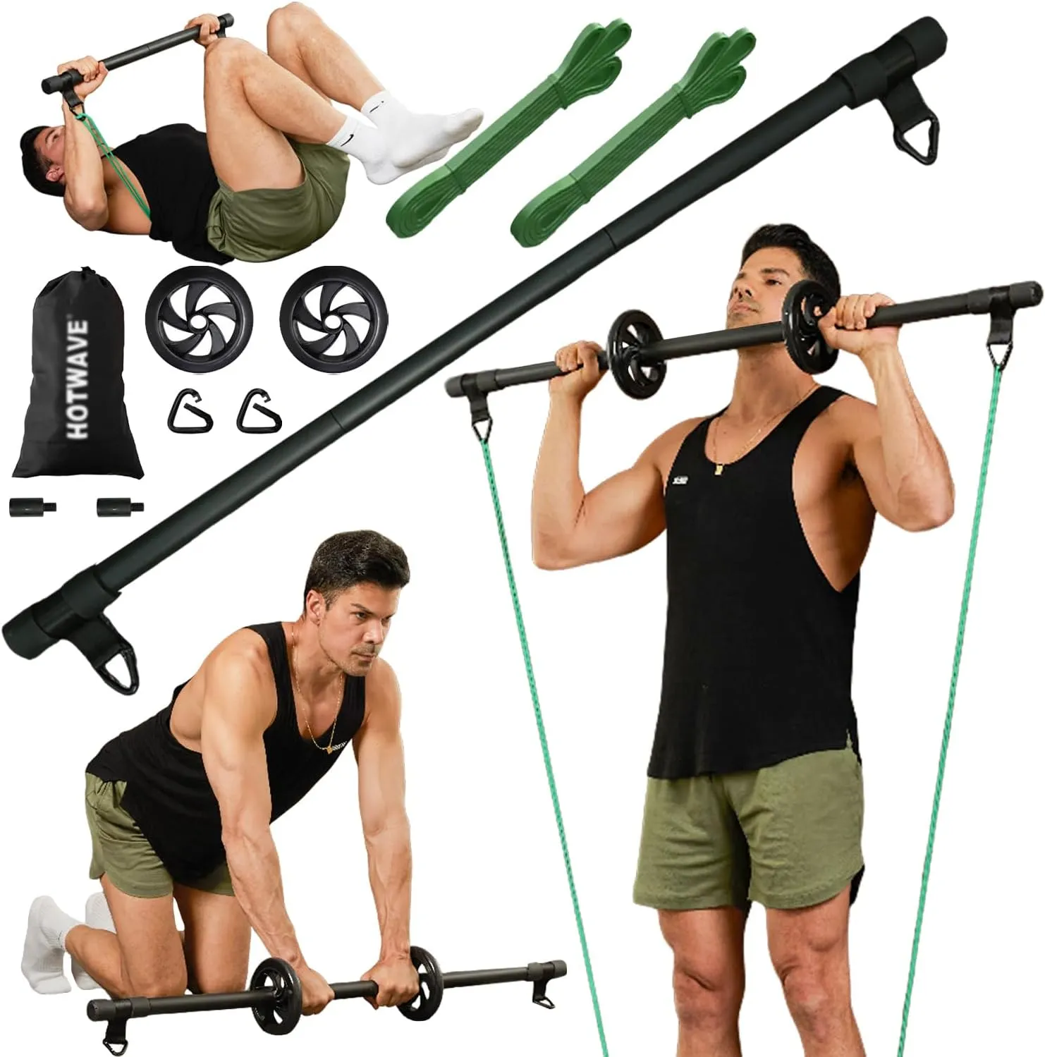 HOTWAVE Resistance Bands Bar with Ab Roller,Portable Home Gym, Strength Training Equipment, Squats, Bench Presses,Weightlifting, Full Body Exercise