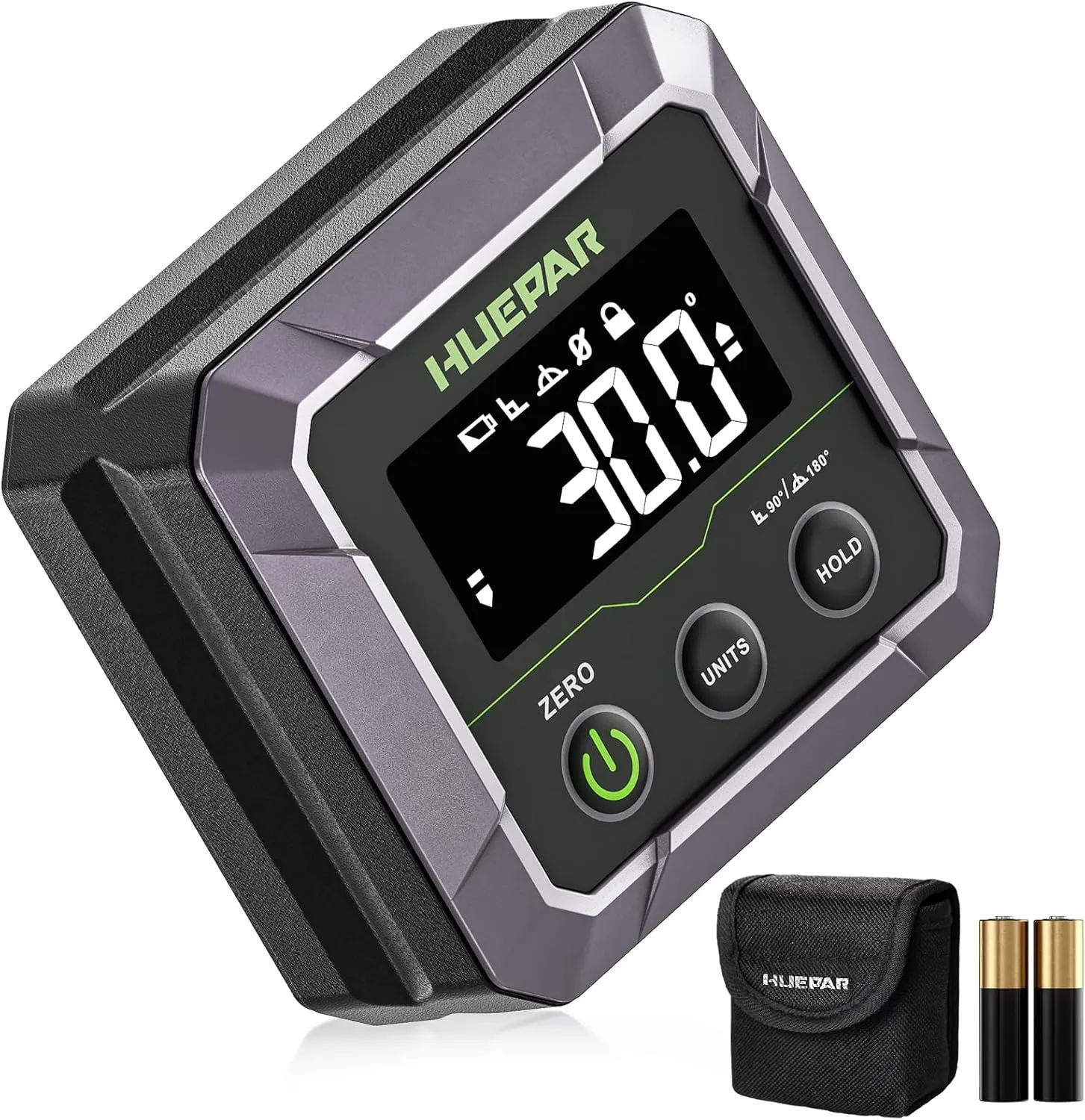 Huepar Professional Digital Angle Finder Strong Magnetic, ±0.1° Accuracy Precision Inclinometer with Calibration Digital Angle Gauge, 0-90 or 0-180 Angles, VA LCD Display, 360° Flip Screen