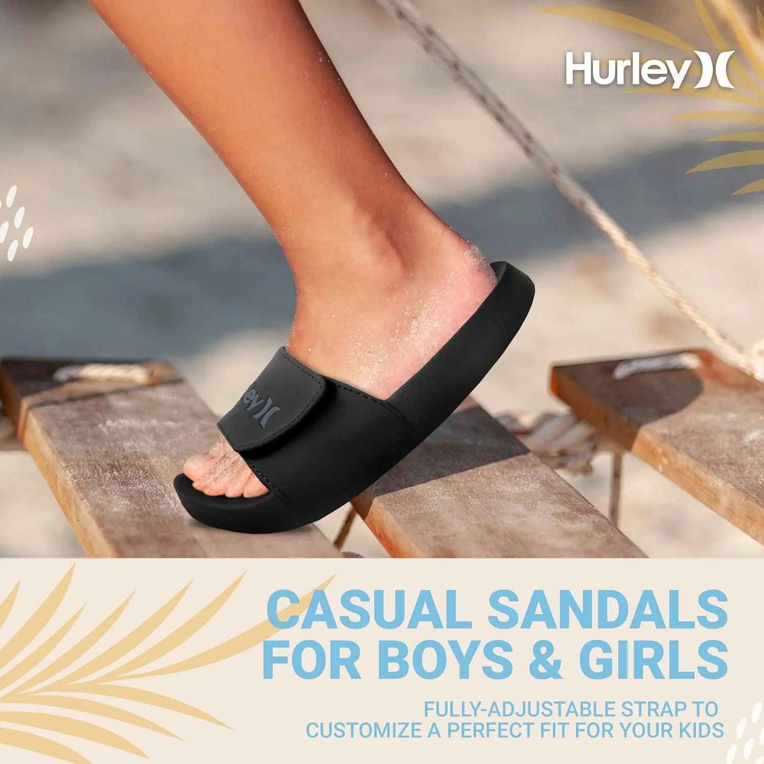 Hurley Naia Slides for Girls and Boys - Comfortable Slip-On Kids Sandals with Adjustable Strap, Unisex Slides for Indoor and Outdoor, Adjustable Sporty Slides for The Beach and Pool