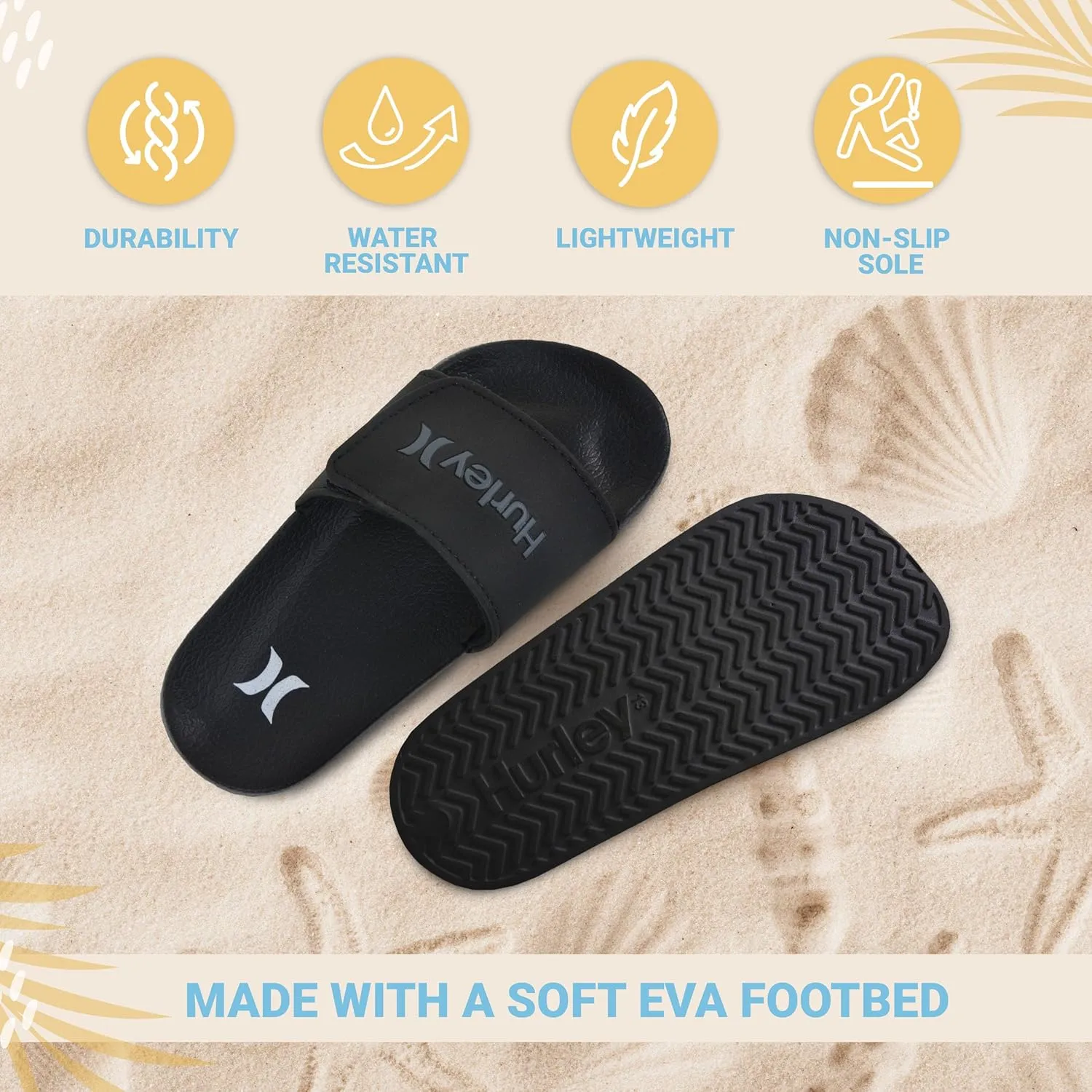 Hurley Naia Slides for Girls and Boys - Comfortable Slip-On Kids Sandals with Adjustable Strap, Unisex Slides for Indoor and Outdoor, Adjustable Sporty Slides for The Beach and Pool