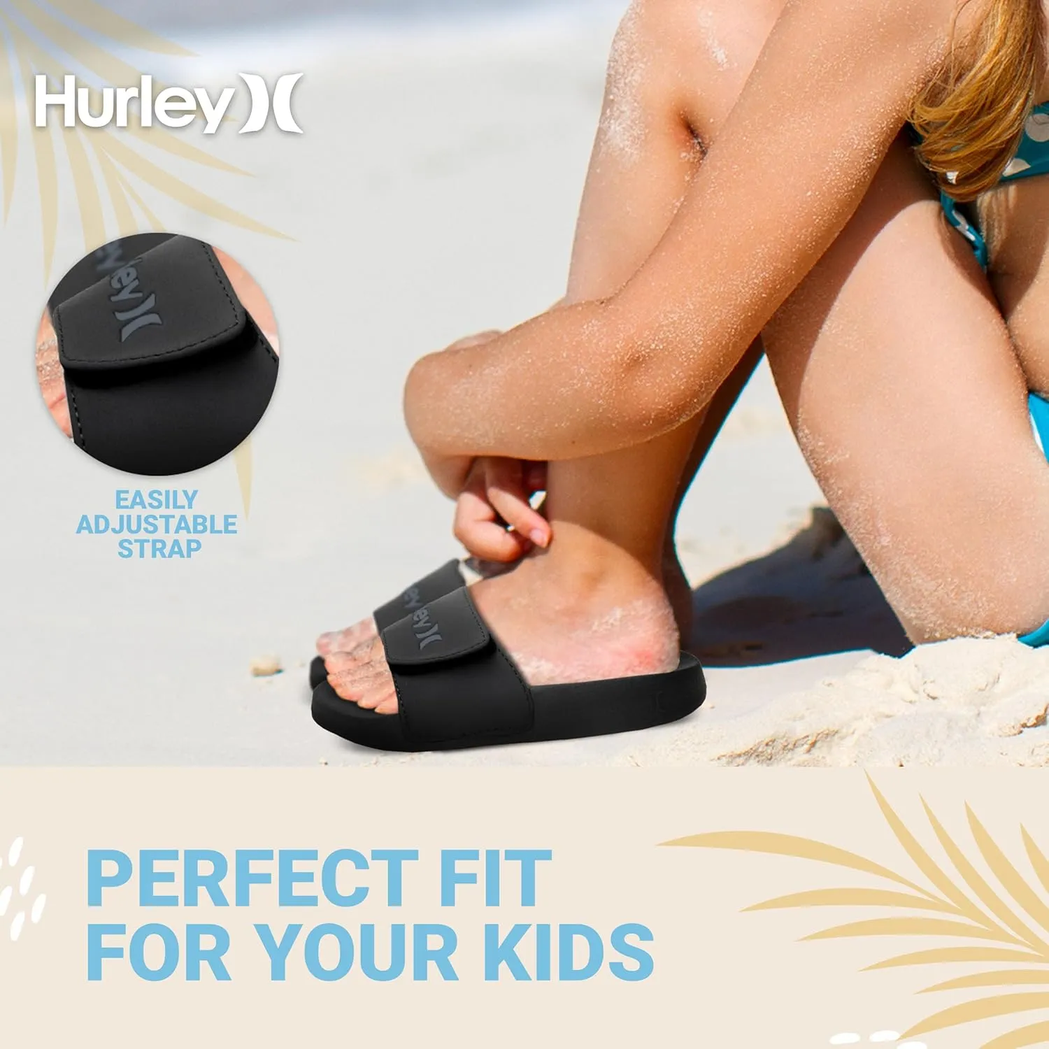 Hurley Naia Slides for Girls and Boys - Comfortable Slip-On Kids Sandals with Adjustable Strap, Unisex Slides for Indoor and Outdoor, Adjustable Sporty Slides for The Beach and Pool