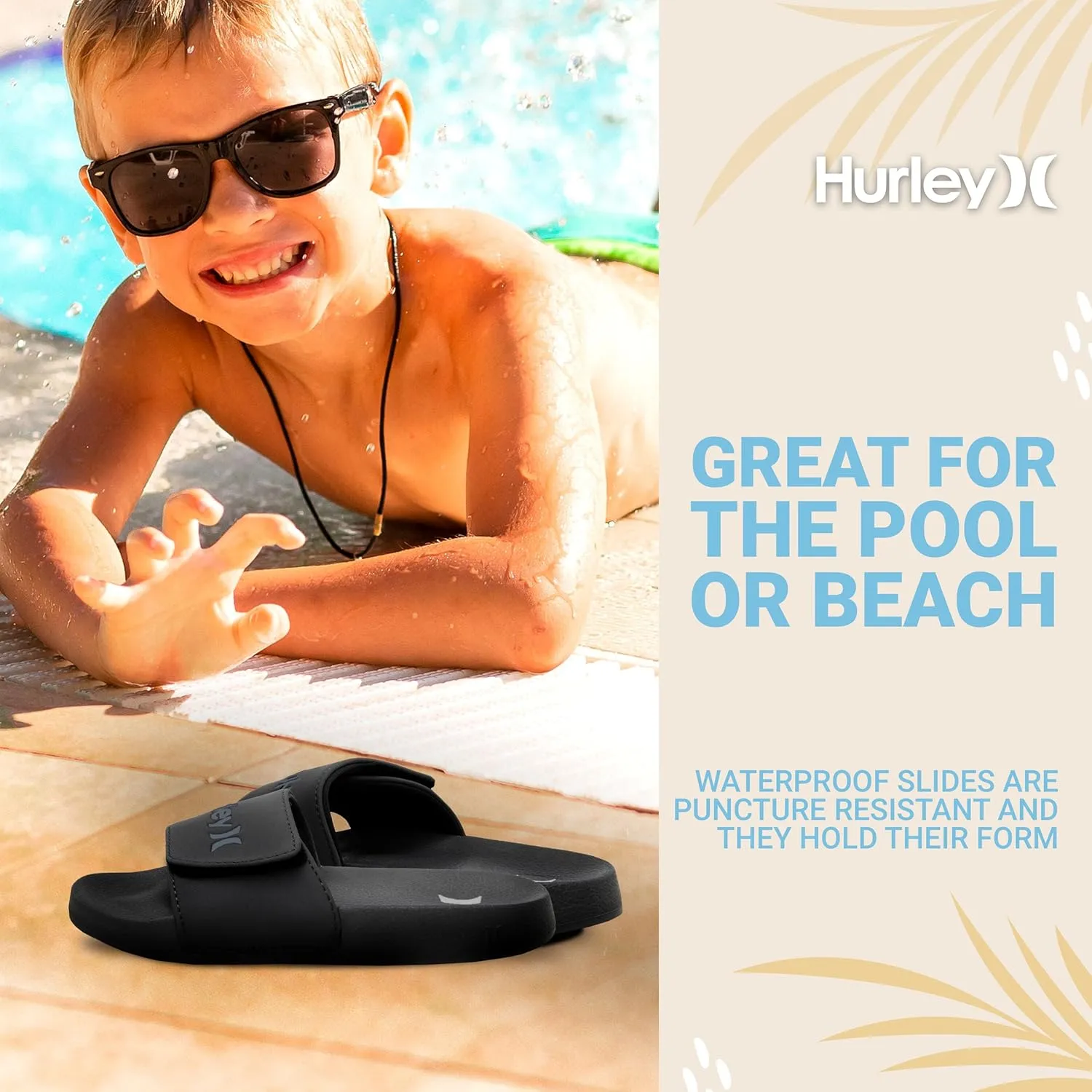 Hurley Naia Slides for Girls and Boys - Comfortable Slip-On Kids Sandals with Adjustable Strap, Unisex Slides for Indoor and Outdoor, Adjustable Sporty Slides for The Beach and Pool