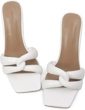 iiimmu Mule Heels 3.5 IN Stiletto with Square Toe Heeled Sandals Interwoven Straps Shape