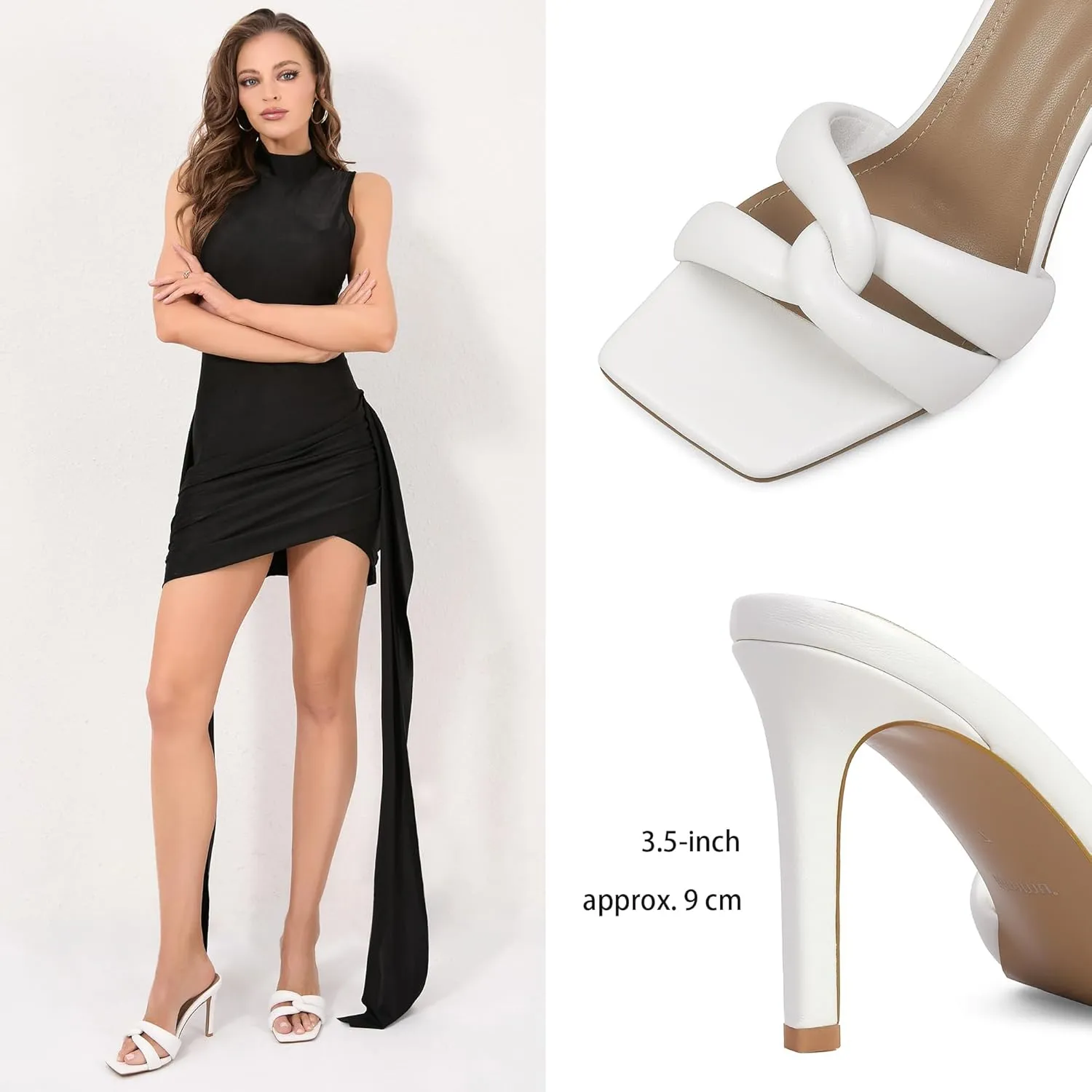 iiimmu Mule Heels 3.5 IN Stiletto with Square Toe Heeled Sandals Interwoven Straps Shape