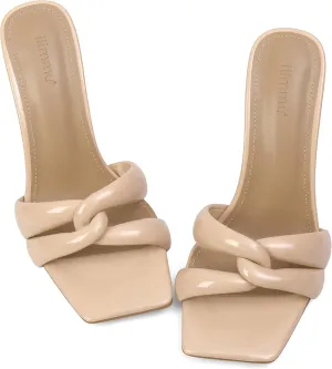 iiimmu Mule Heels 3.5 IN Stiletto with Square Toe Heeled Sandals Interwoven Straps Shape