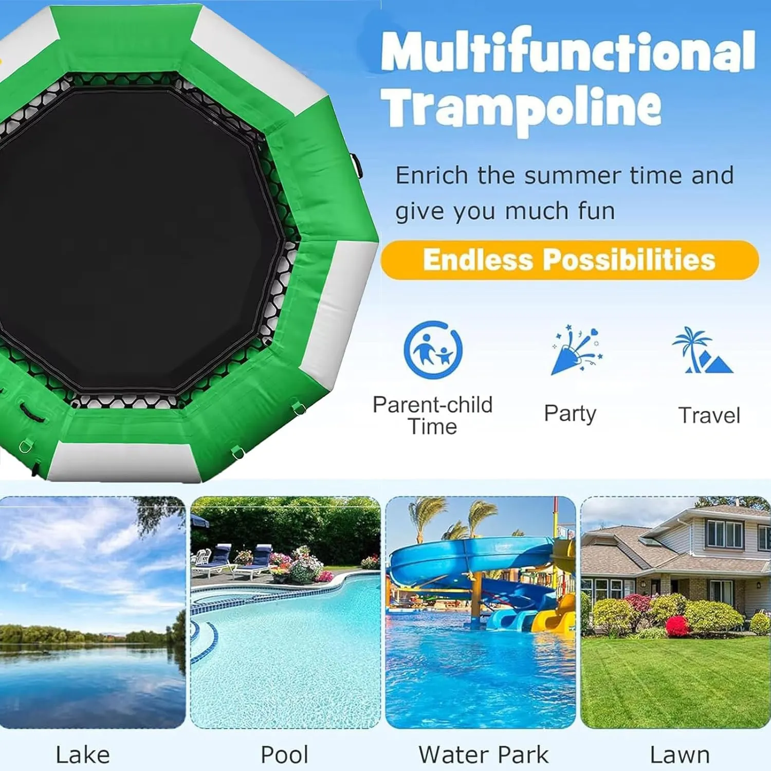 Inflatable Water Trampoline for Lake, Floating Rebounder Kids Adults Recreational PVC Water Trampoline Park,with Slide/Tube/Jumping Pillow Bag Bouncing Platform for Pool, Lake
