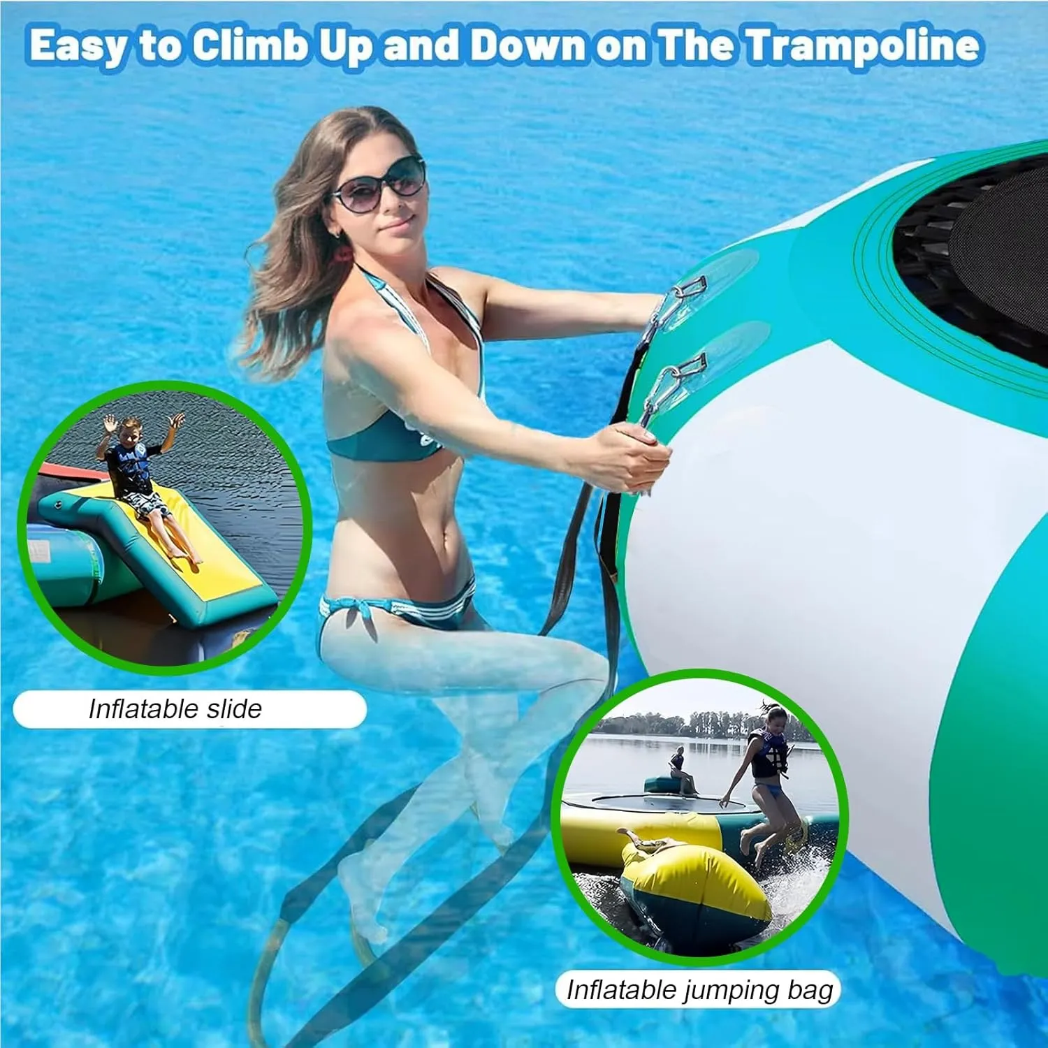 Inflatable Water Trampoline for Lake, Floating Rebounder Kids Adults Recreational PVC Water Trampoline Park,with Slide/Tube/Jumping Pillow Bag Bouncing Platform for Pool, Lake