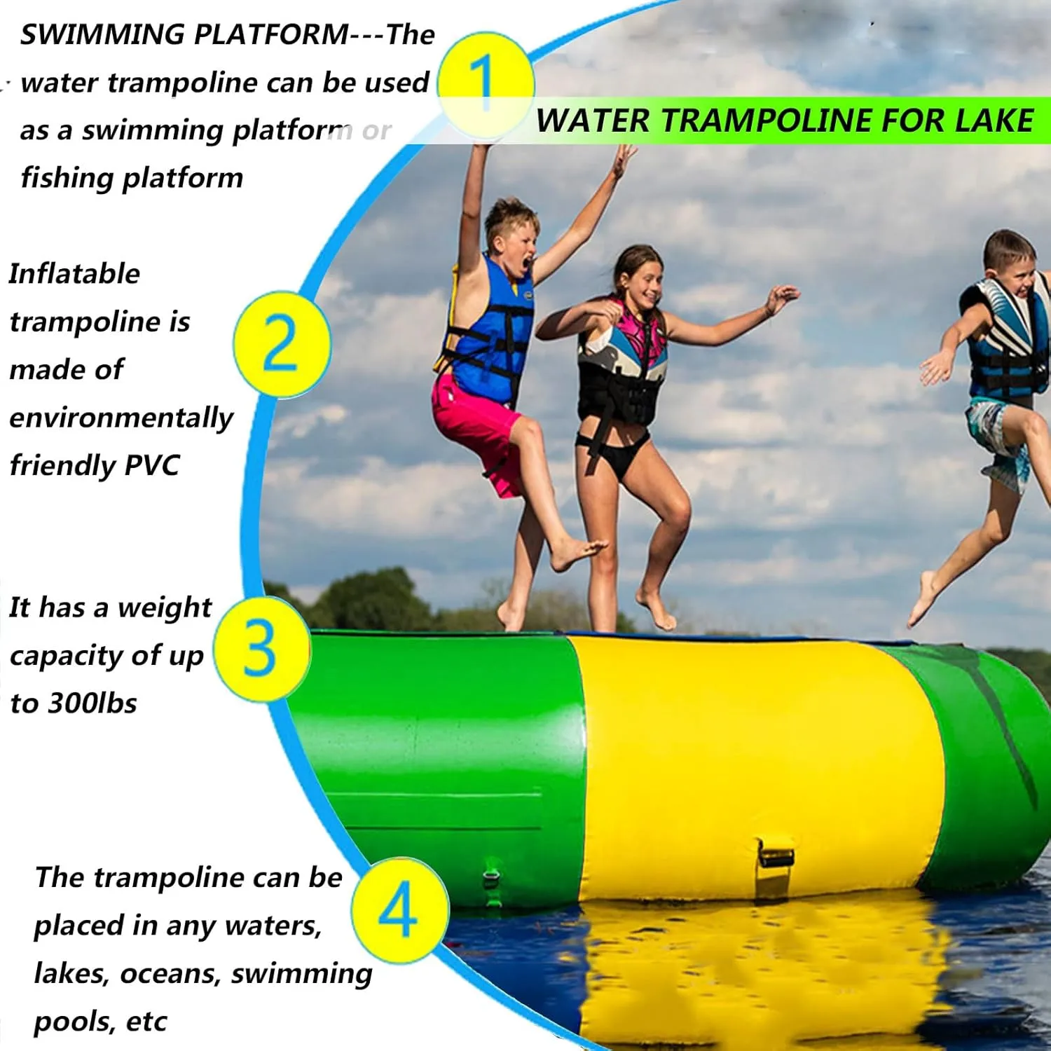 Inflatable Water Trampoline for Lake, Floating Rebounder Kids Adults Recreational PVC Water Trampoline Park,with Slide/Tube/Jumping Pillow Bag Bouncing Platform for Pool, Lake
