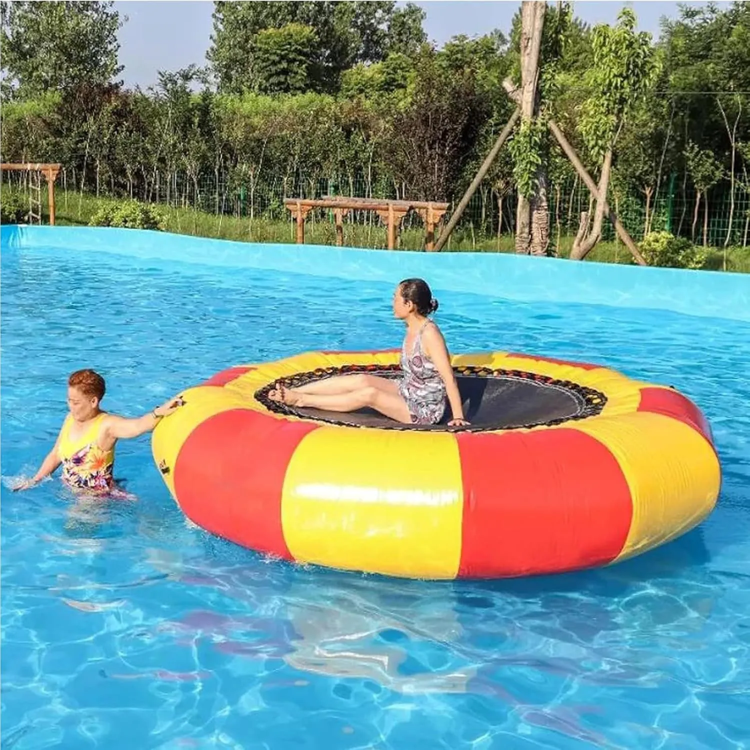 Inflatable Water Trampoline, Lake Trampoline, 10Ft/13Ft/16Ft Floating Platform, Water Park PVC Leisure Game Jumping Platform, with Slide and Diving Pillow Bag