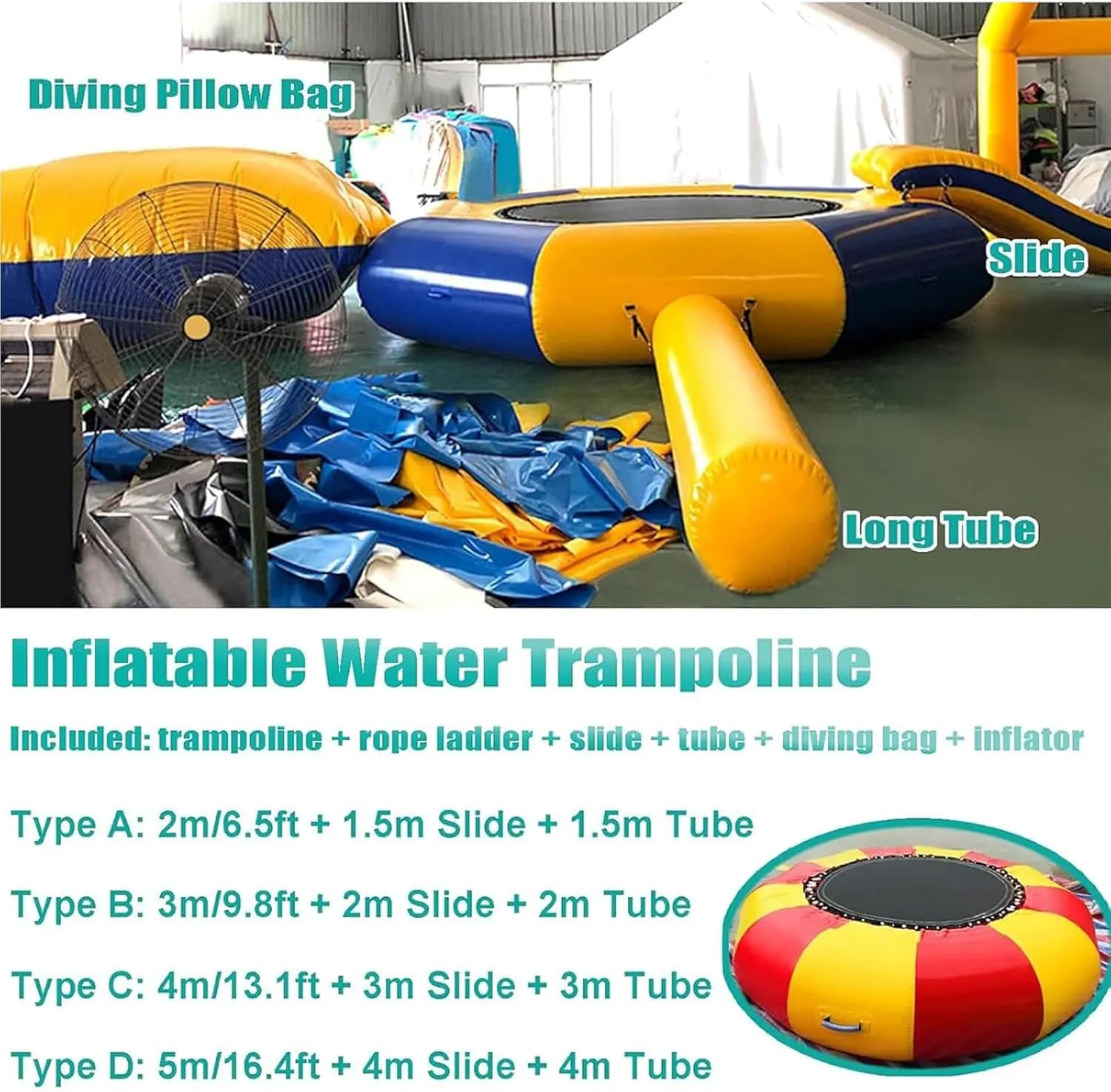 Inflatable Water Trampoline, Lake Trampoline, 10Ft/13Ft/16Ft Floating Platform, Water Park PVC Leisure Game Jumping Platform, with Slide and Diving Pillow Bag