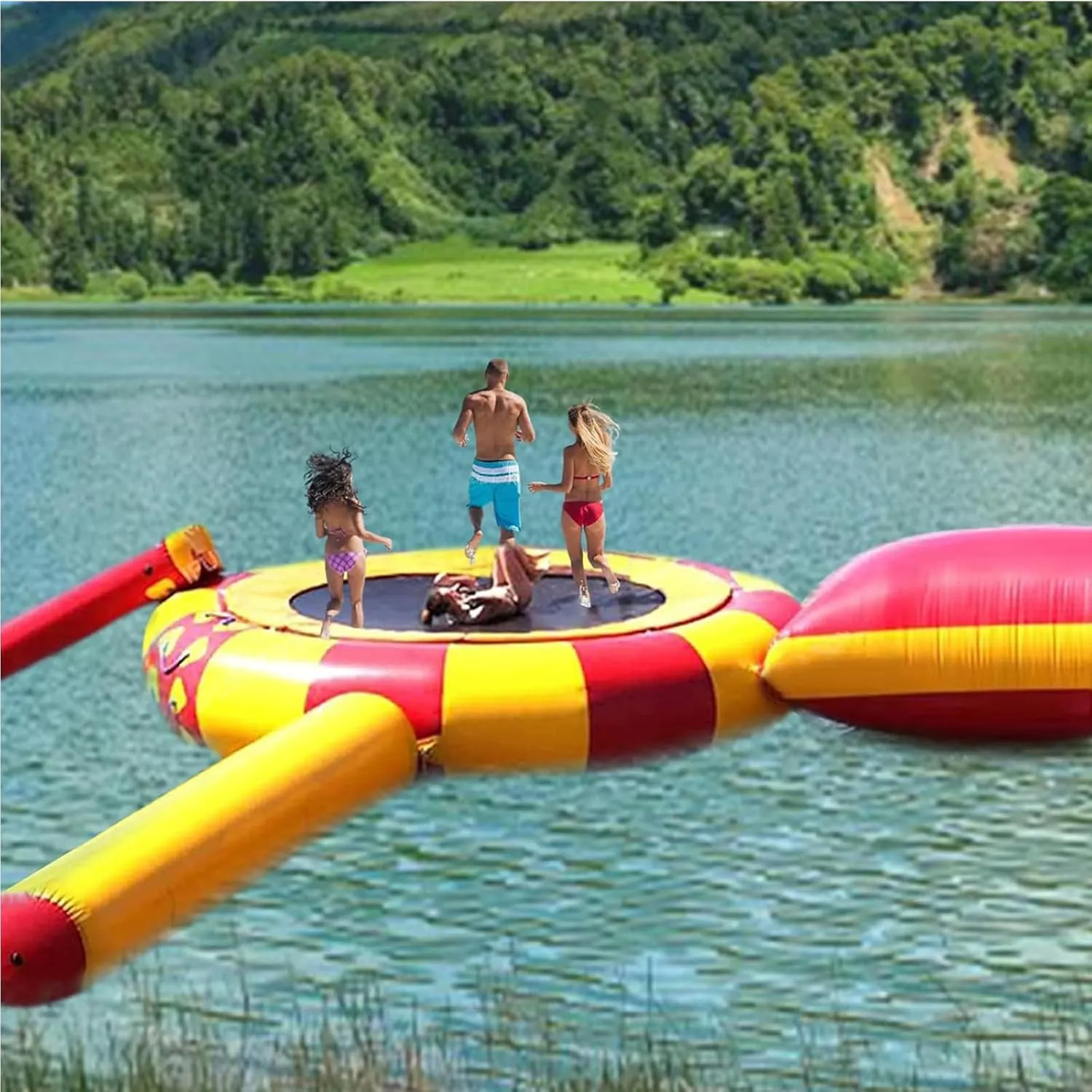 Inflatable Water Trampoline, Lake Trampoline, 10Ft/13Ft/16Ft Floating Platform, Water Park PVC Leisure Game Jumping Platform, with Slide and Diving Pillow Bag