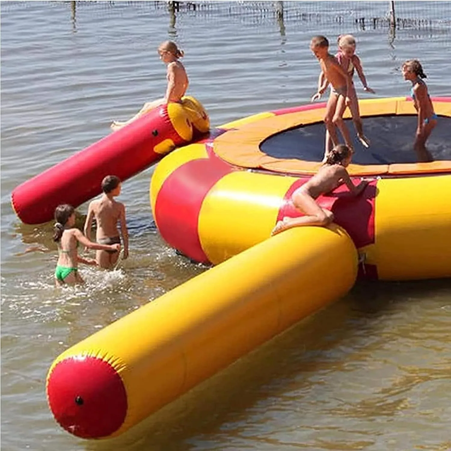 Inflatable Water Trampoline, Lake Trampoline, 10Ft/13Ft/16Ft Floating Platform, Water Park PVC Leisure Game Jumping Platform, with Slide and Diving Pillow Bag