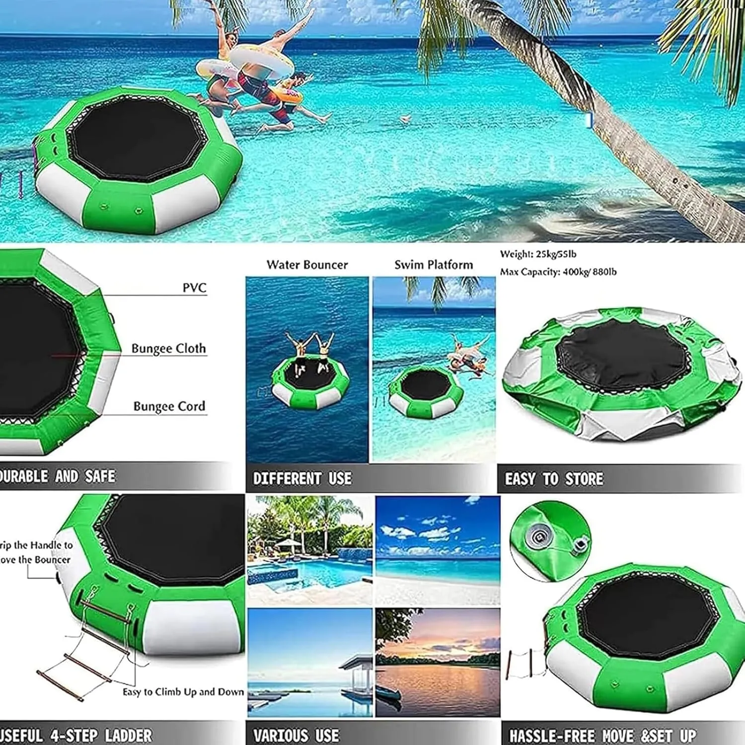 Inflatable Water Trampoline, Lakeside Water Trampoline (with Slide) Outdoor Water Toys, Trampoline Swimming Platform, Suitable for Lakes and Swimming Pools