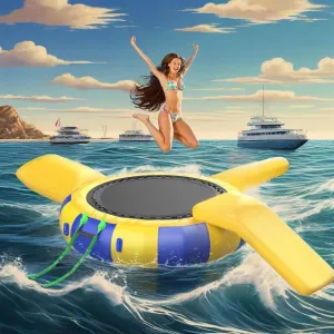 Inflatable Water Trampoline Water Inflatable Bounce Swimming Platform, Water Park Water Floating Toys with Slide Tube and Diving Pillow Bag,16ft