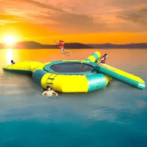 Inflatable Water Trampoline with Slide, 6.5FT/10FT/13FT/16.4FT Lake Trampoline Outdoor Water Park Toys Bouncing Swimming Platform