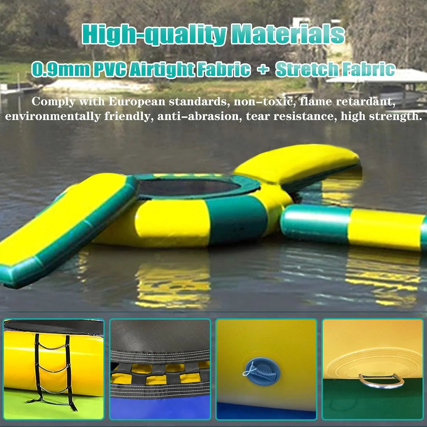 Inflatable Water Trampoline with Slide, 6.5FT/10FT/13FT/16.4FT Lake Trampoline Outdoor Water Park Toys Bouncing Swimming Platform