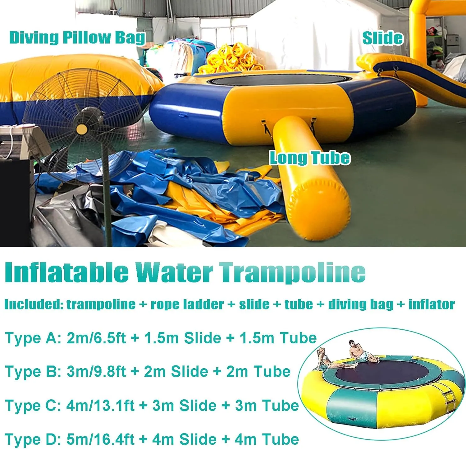 Inflatable Water Trampoline with Slide, 6.5FT/10FT/13FT/16.4FT Lake Trampoline Outdoor Water Park Toys Bouncing Swimming Platform