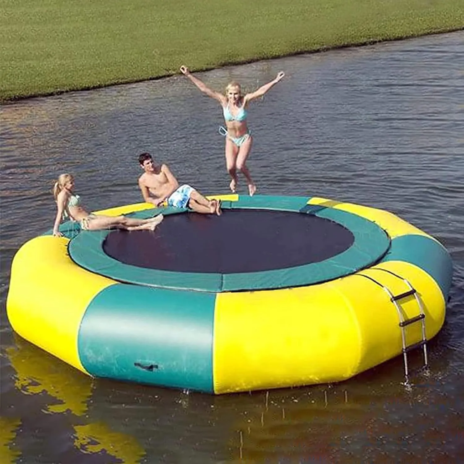 Inflatable Water Trampoline with Slide, 6.5FT/10FT/13FT/16.4FT Lake Trampoline Outdoor Water Park Toys Bouncing Swimming Platform