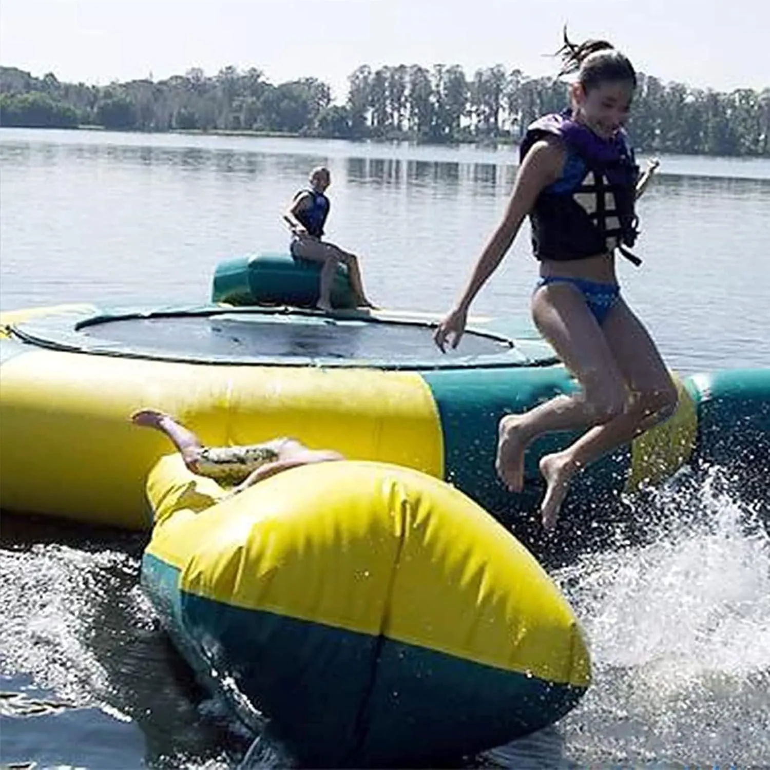 Inflatable Water Trampoline with Slide, 6.5FT/10FT/13FT/16.4FT Lake Trampoline Outdoor Water Park Toys Bouncing Swimming Platform