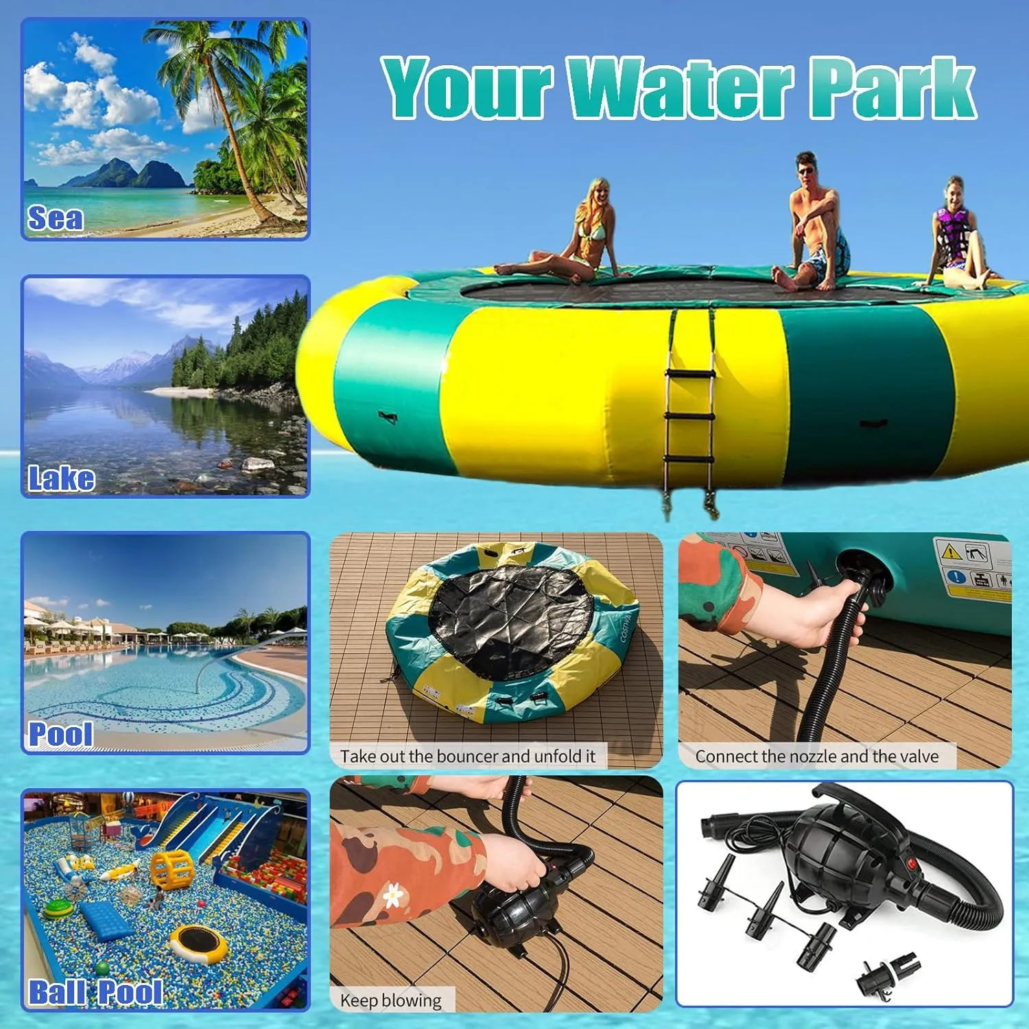 Inflatable Water Trampoline with Slide, 6.5FT/10FT/13FT/16.4FT Lake Trampoline Outdoor Water Park Toys Bouncing Swimming Platform