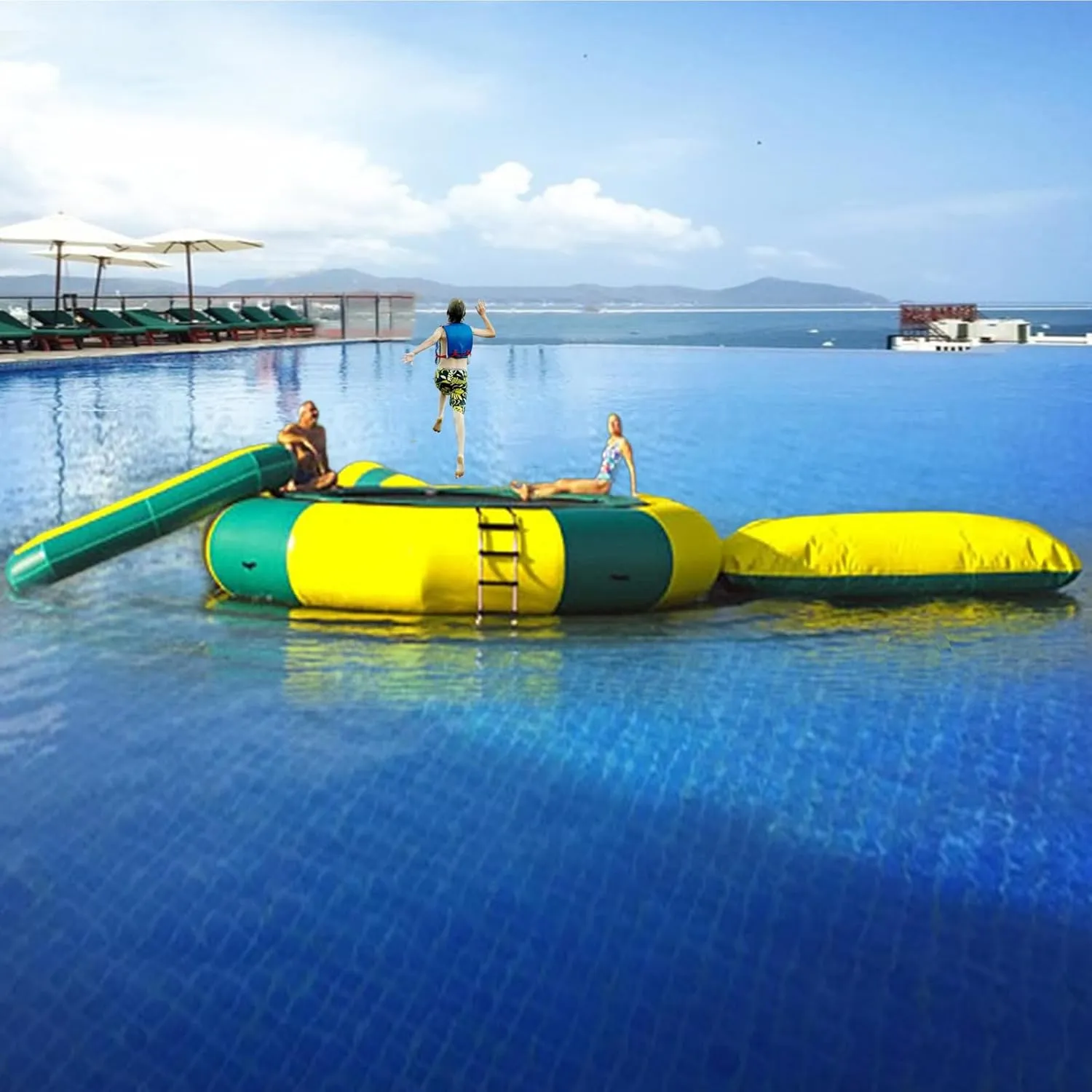 Inflatable Water Trampoline with Slide, 6.5FT/10FT/13FT/16.4FT Lake Trampoline Outdoor Water Park Toys Bouncing Swimming Platform