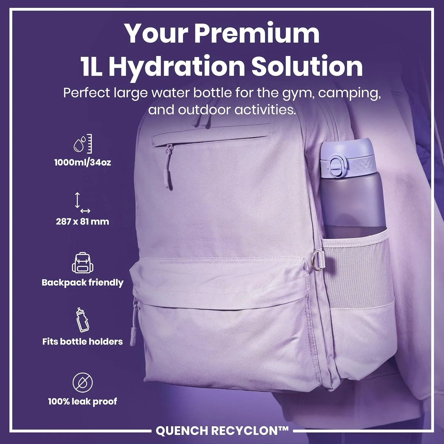 Ion8 1 Litre Water Bottle, Leak Proof, Flip Lid, Carry Handle, Rapid Liquid Flow, Dishwasher Safe, BPA Free, Soft Touch Contoured Grip, Ideal for Sports and Gym, Carbon Neutral Recyclon